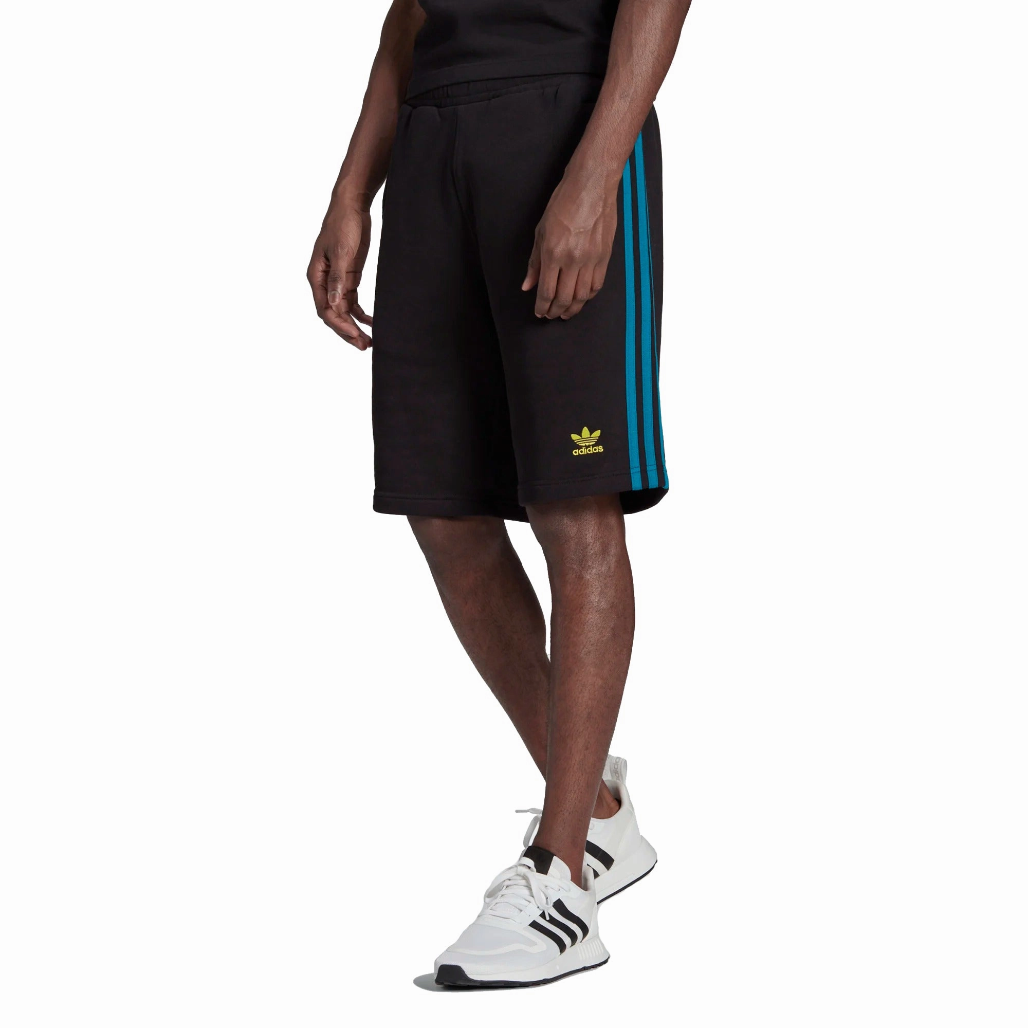 Adidas Men's 3-Stripes Sweat Shorts, Black/Active Teal/Acid Yellow