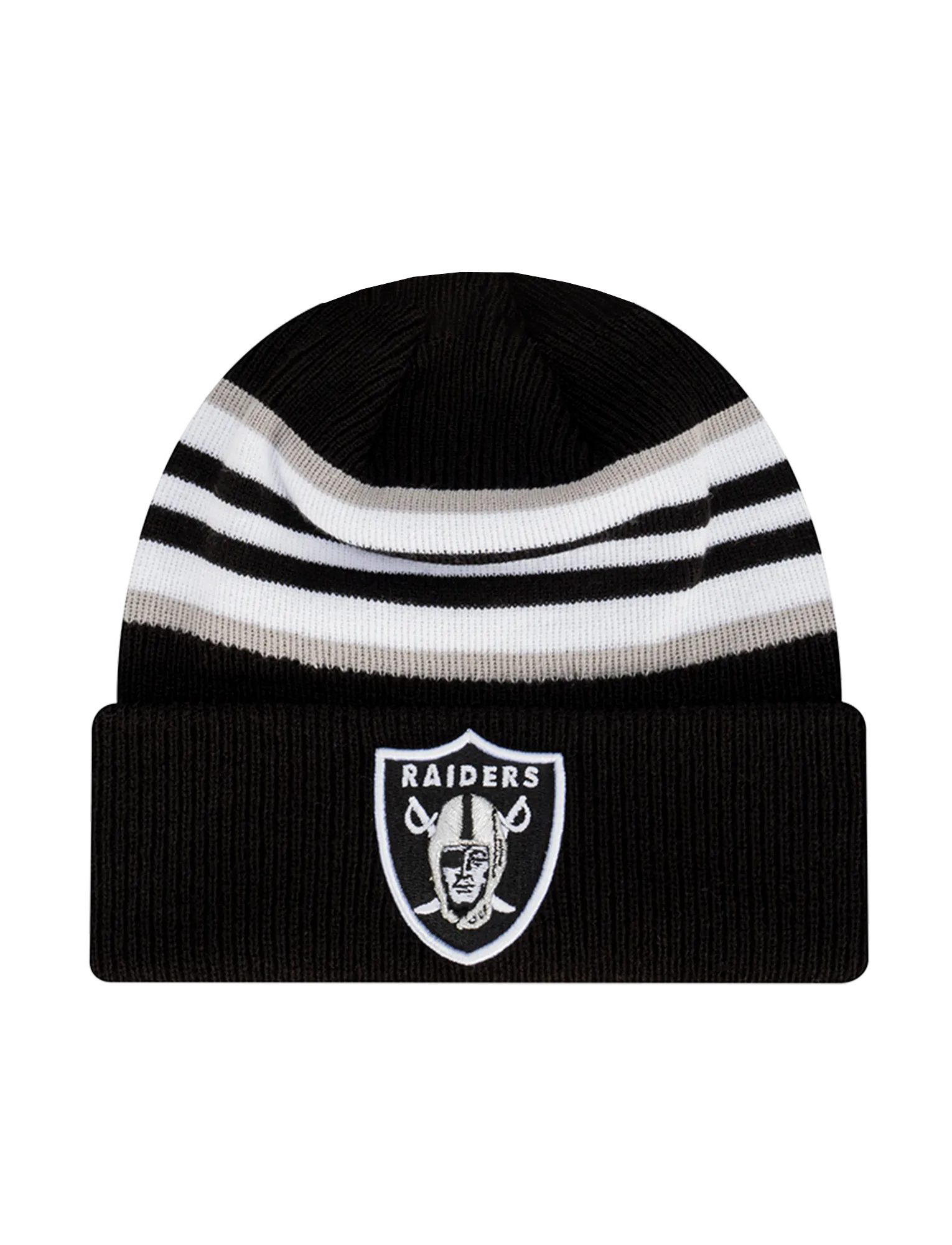 Las Vegas Raiders New Era NFL Stripe Hit Pomless Knit Beanie - Black