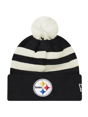 Pittsburgh Steelers New Era NFL Ivory Stripe Pom Knit Beanie - Black