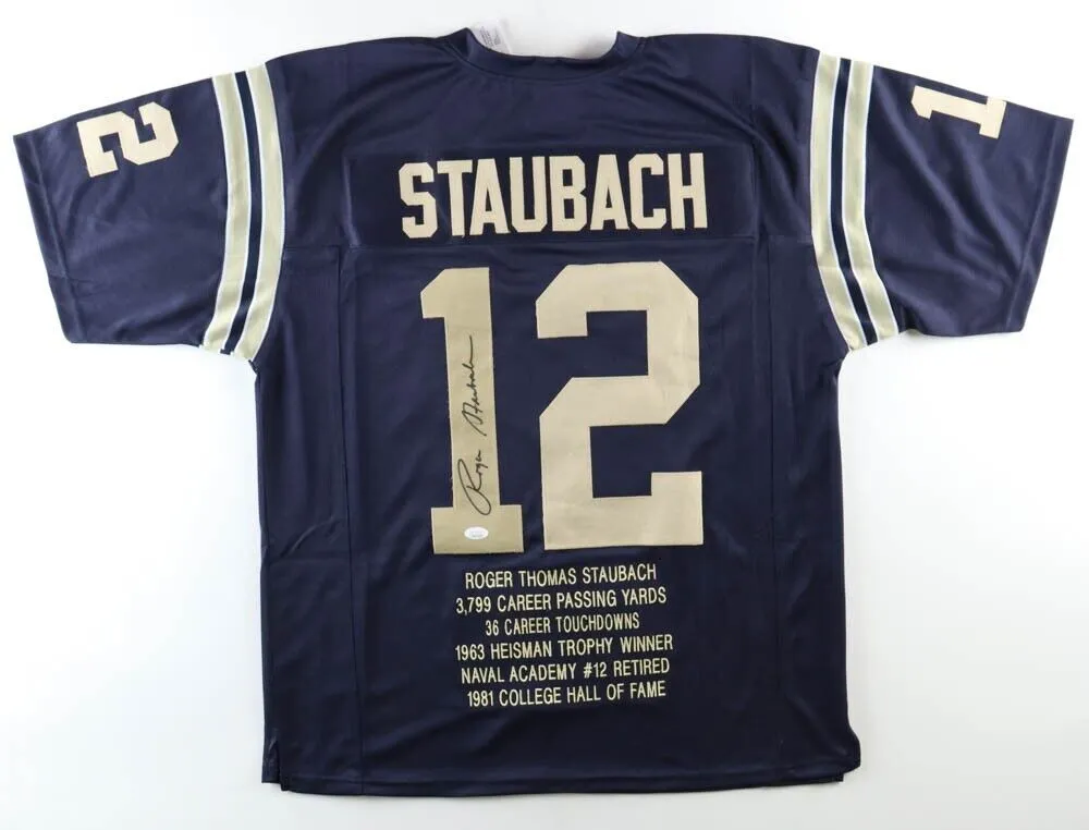 Roger Staubach Signed Navy Midshipmen Career Highlight Stat Jersey (JSA COA) Q.B
