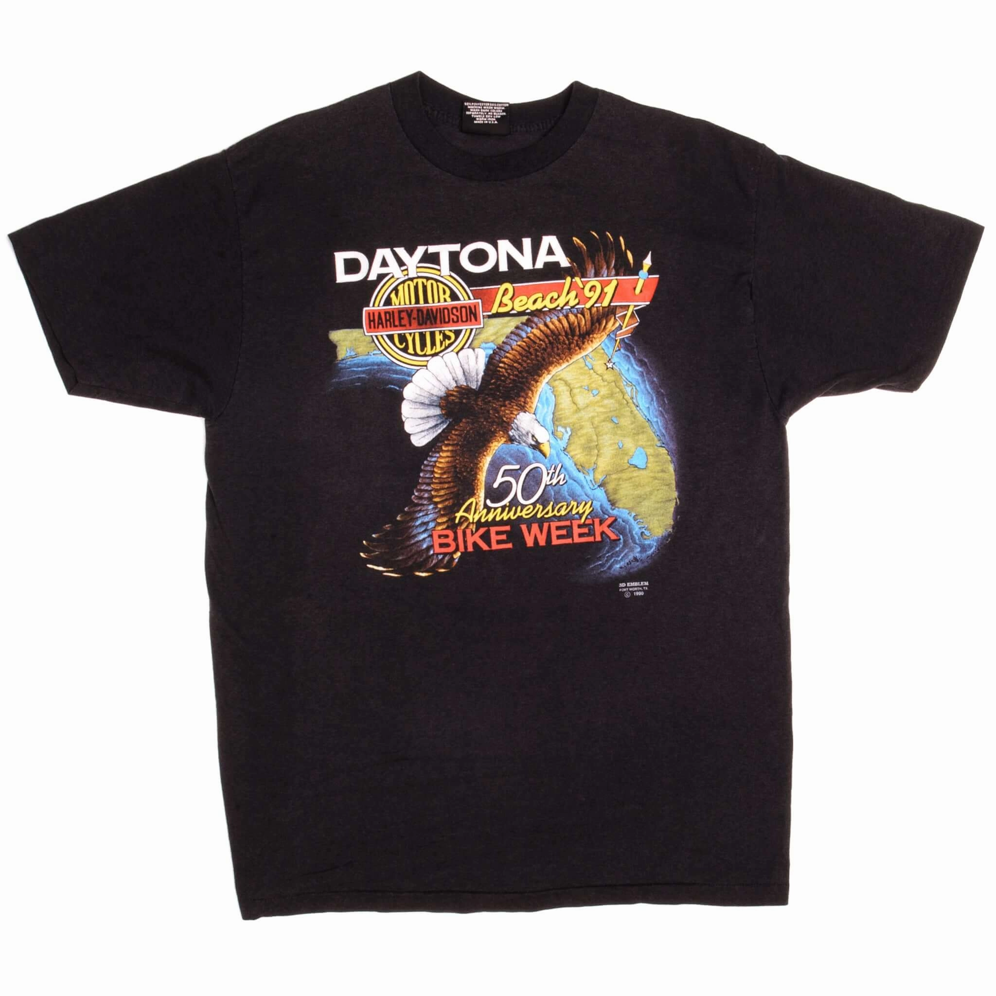 VINTAGE 3D EMBLEM HARLEY DAVIDSON DAYTONA BIKE WEEK TEE SHIRT 1991 LARGE MADE US