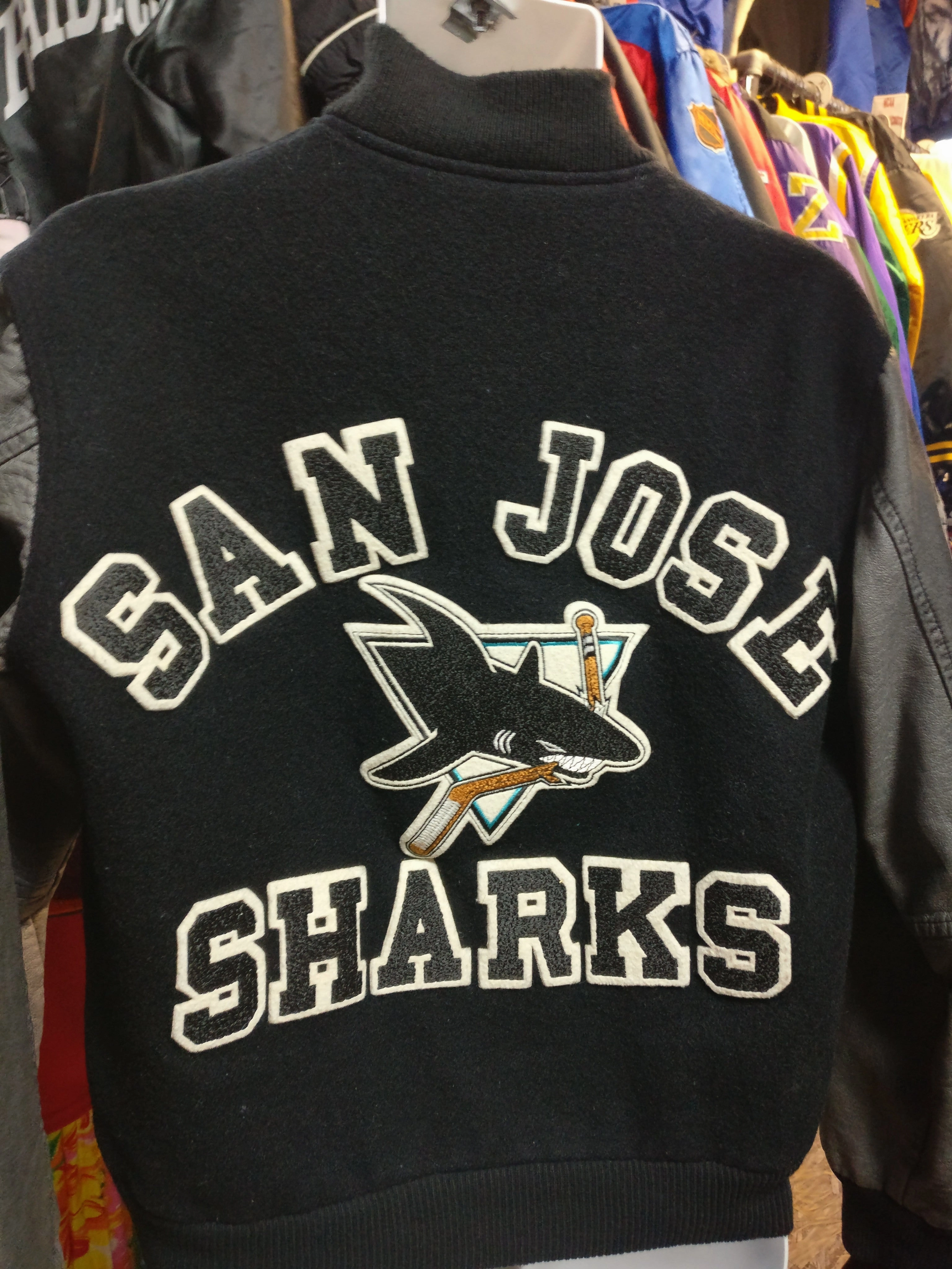 Vintage 80s SAN JOSE SHARKS NHL Back Patch Chalk Line Varsity Jacket M