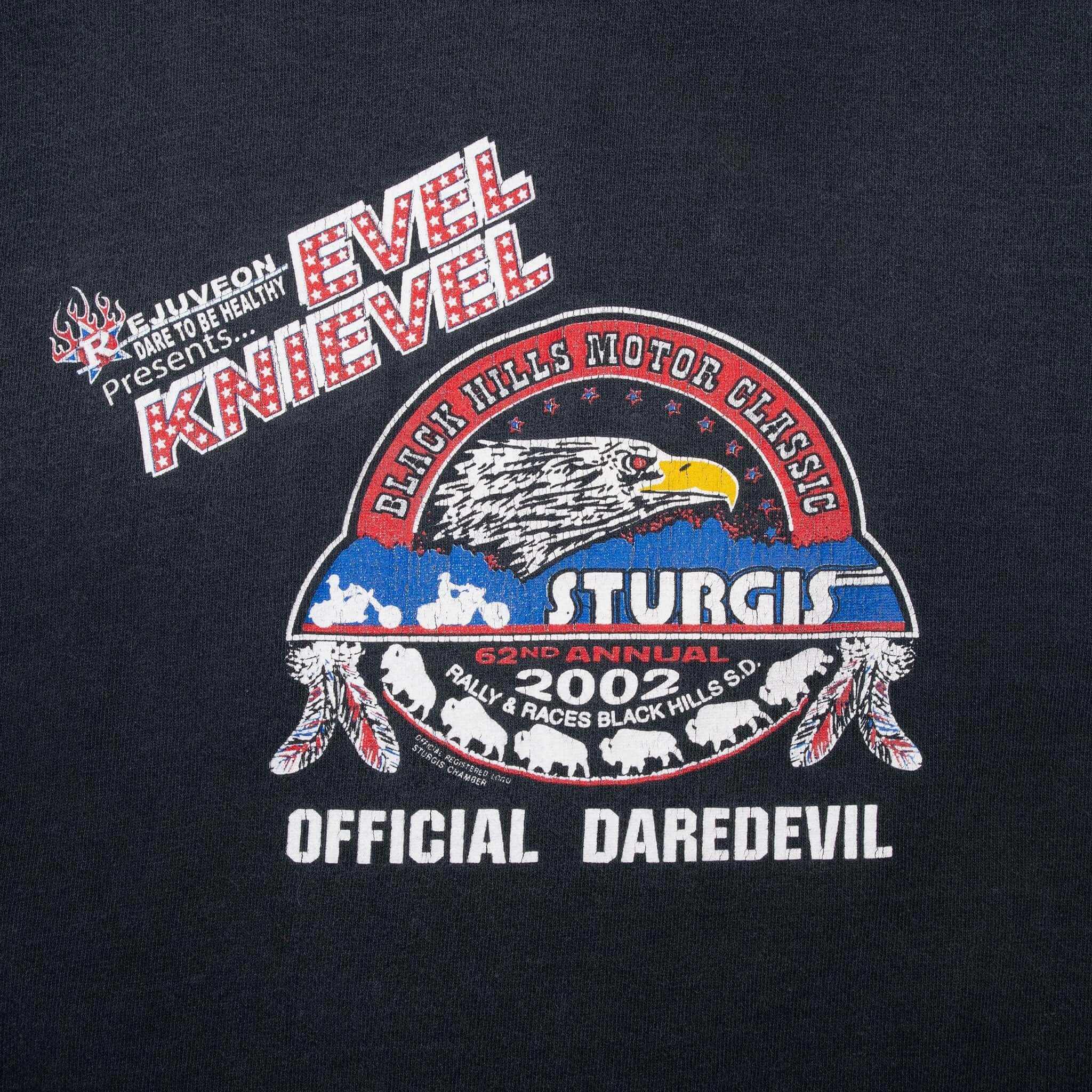 VINTAGE BIKER STURGIS RALLY EVEL KNIEVEL 2002 TEE SHIRT MEDIUM MADE IN USA