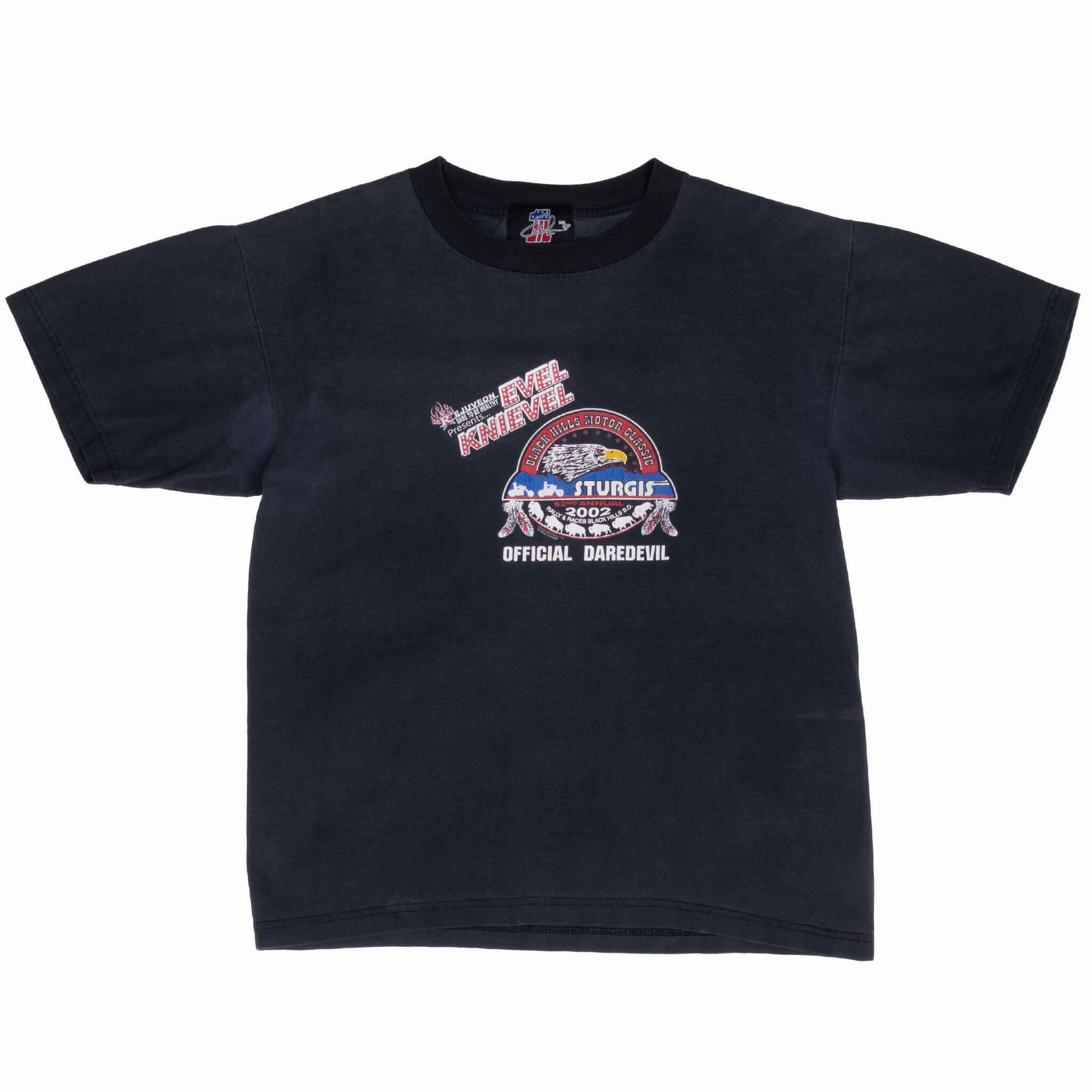 VINTAGE BIKER STURGIS RALLY EVEL KNIEVEL 2002 TEE SHIRT MEDIUM MADE IN USA