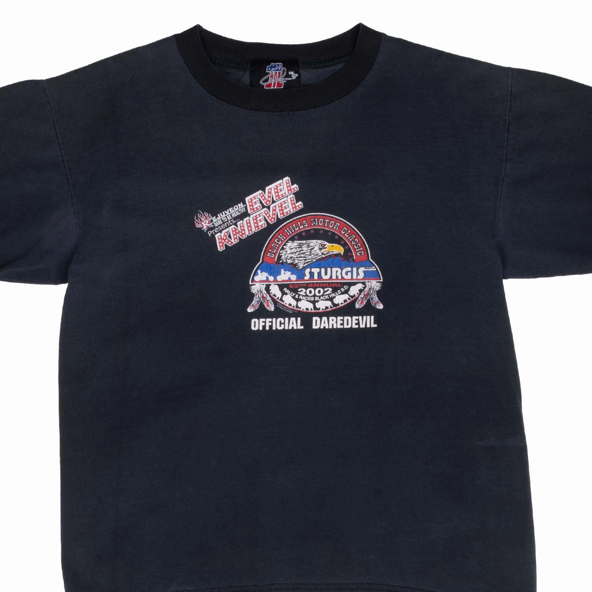 VINTAGE BIKER STURGIS RALLY EVEL KNIEVEL 2002 TEE SHIRT MEDIUM MADE IN USA