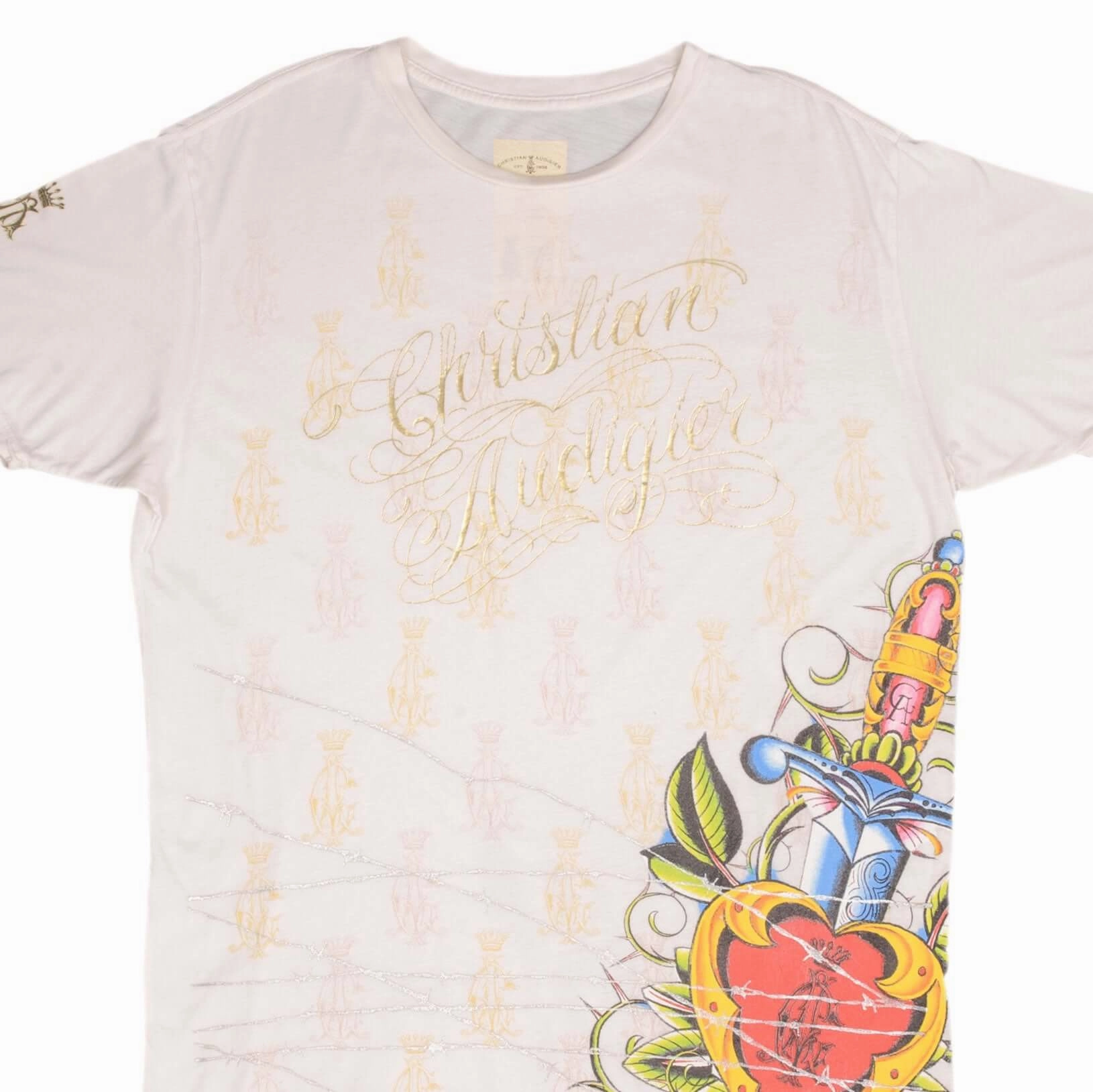 VINTAGE CHRISTIAN AUDIGIER ALL OVER PRINT TEE SHIRT 2000S SIZE LARGE MADE IN USA