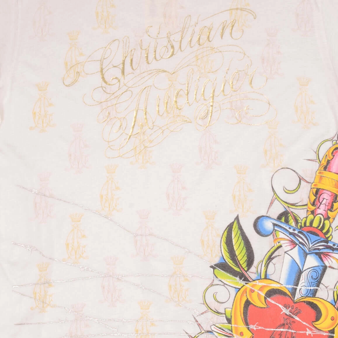 VINTAGE CHRISTIAN AUDIGIER ALL OVER PRINT TEE SHIRT 2000S SIZE LARGE MADE IN USA