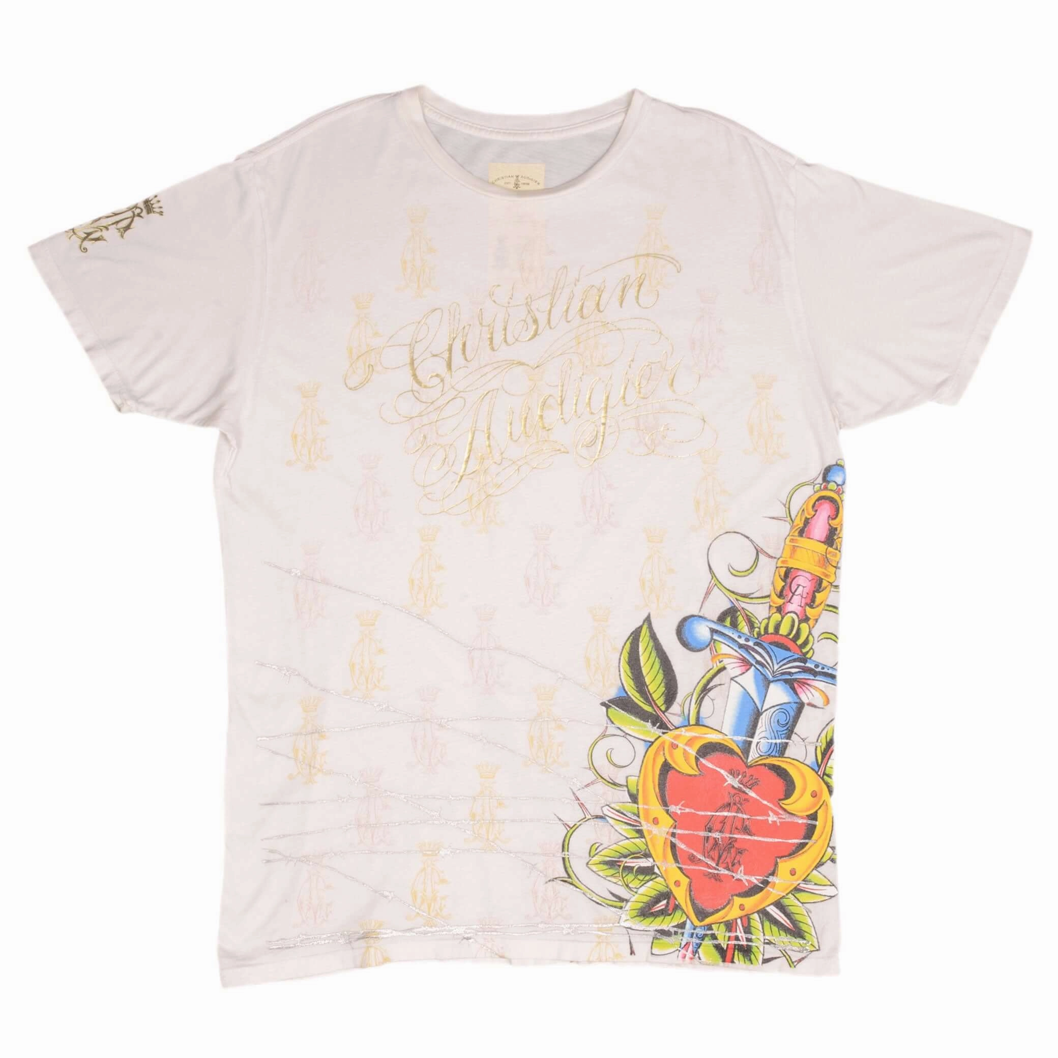 VINTAGE CHRISTIAN AUDIGIER ALL OVER PRINT TEE SHIRT 2000S SIZE LARGE MADE IN USA