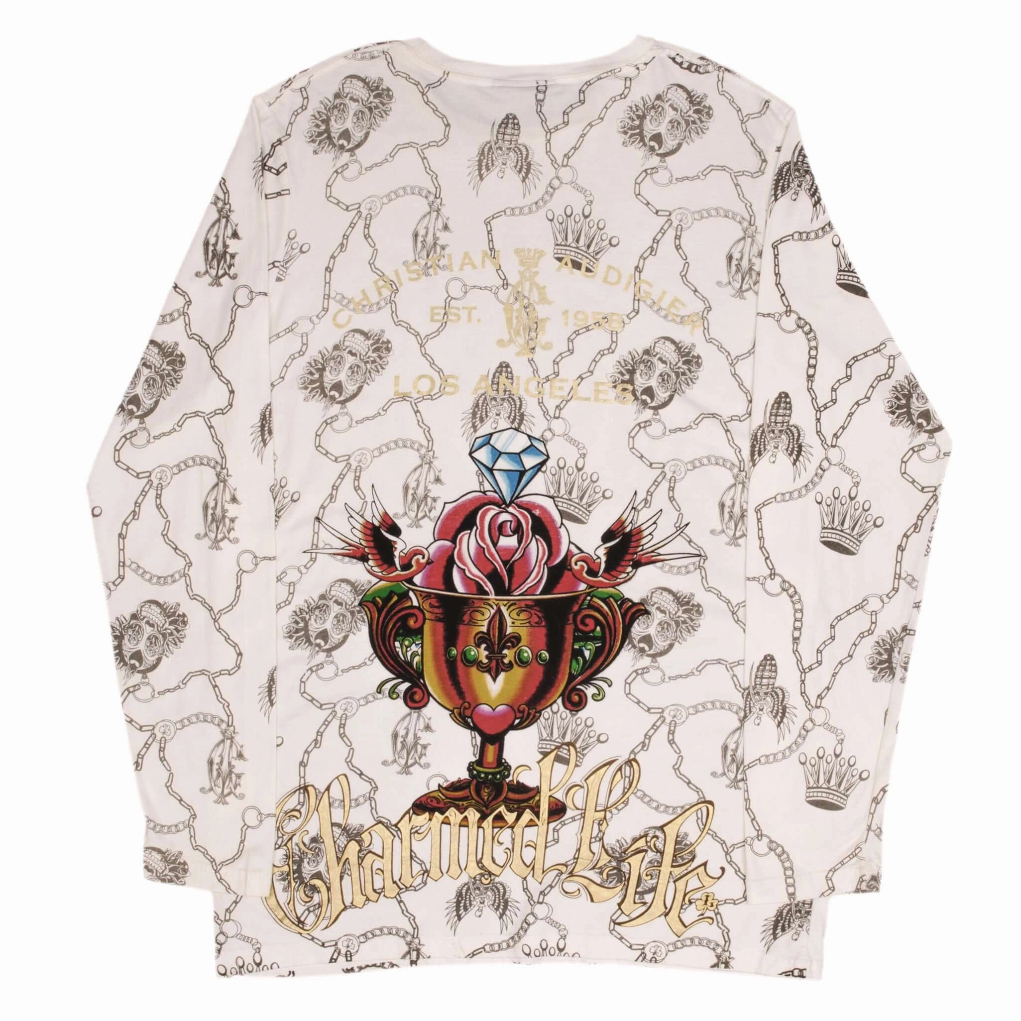 VINTAGE CHRISTIAN AUDIGIER RHINESTONES SKULL LONG SLEEVE TEE SHIRT 2000S LARGE