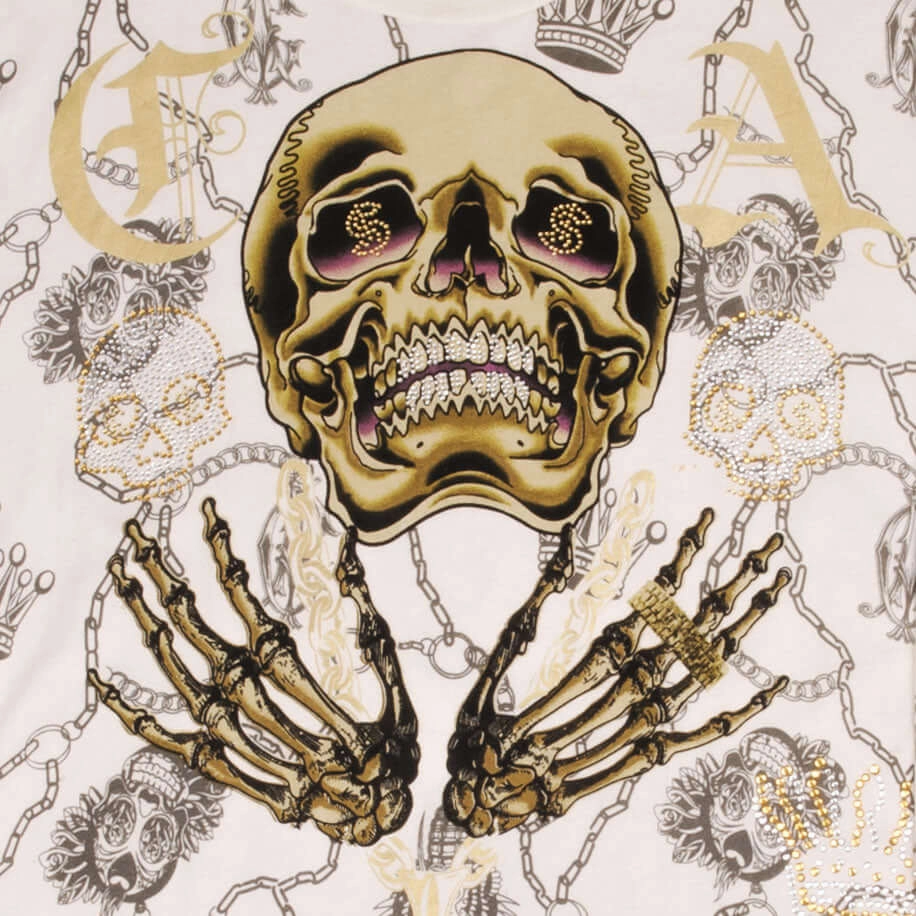 VINTAGE CHRISTIAN AUDIGIER RHINESTONES SKULL LONG SLEEVE TEE SHIRT 2000S LARGE