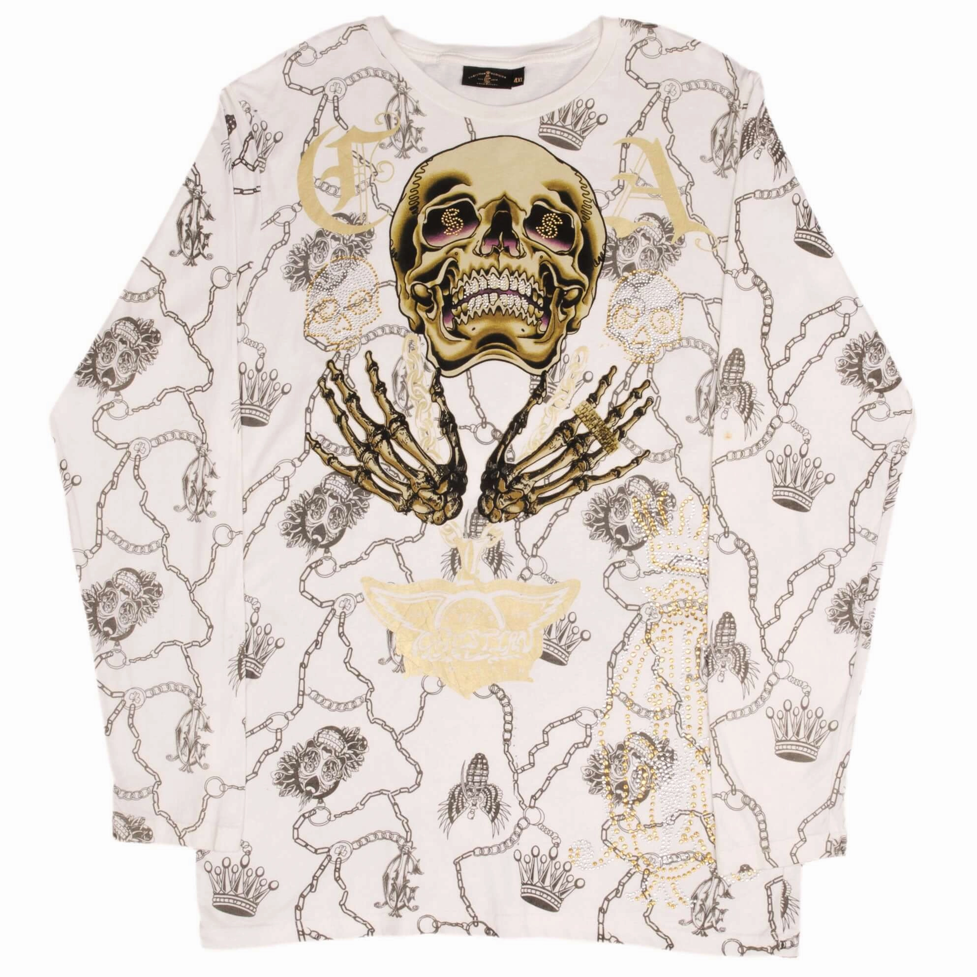 VINTAGE CHRISTIAN AUDIGIER RHINESTONES SKULL LONG SLEEVE TEE SHIRT 2000S LARGE