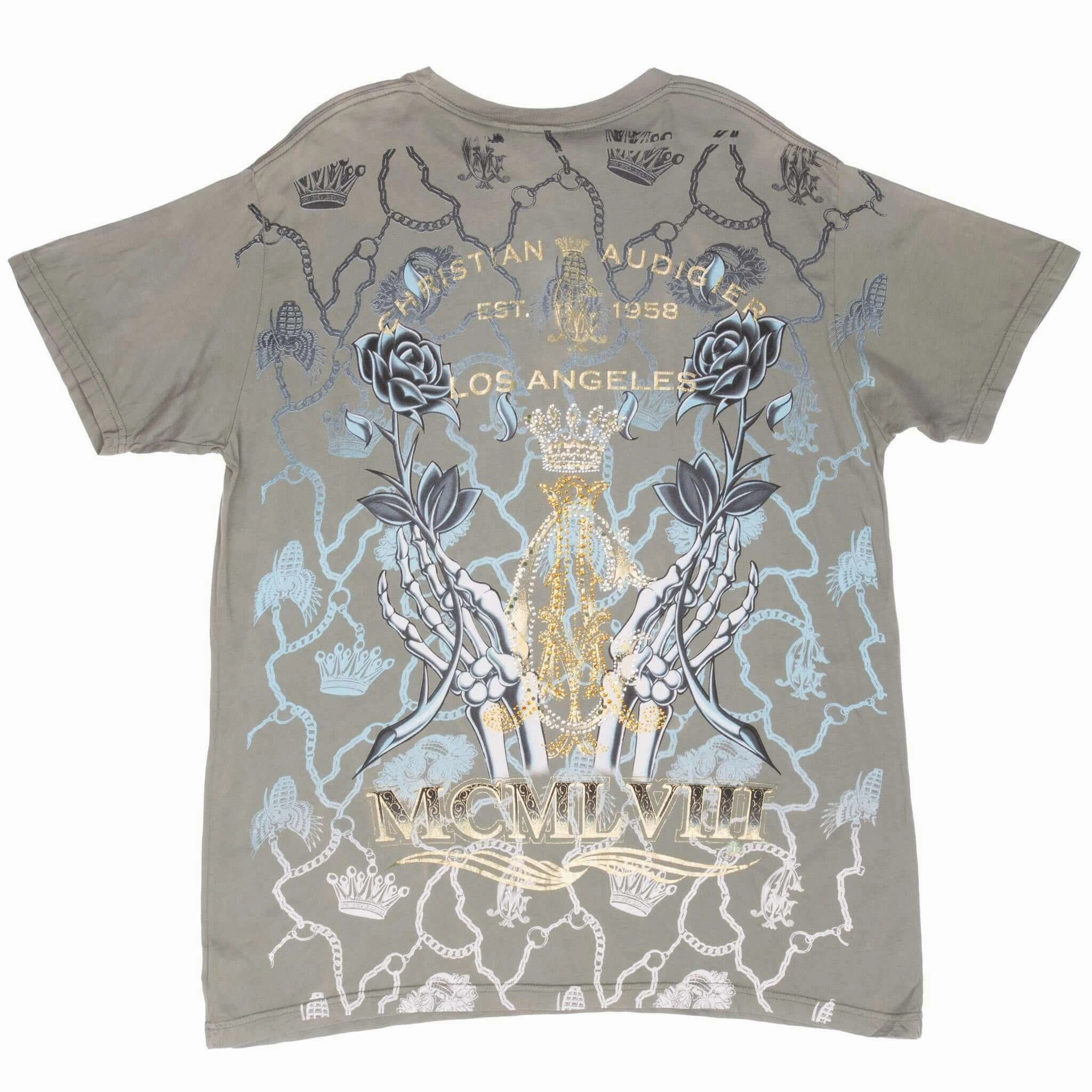 VINTAGE CHRISTIAN AUDIGIER RHINESTONES SKULL TEE SHIRT 2000S XL MADE IN USA