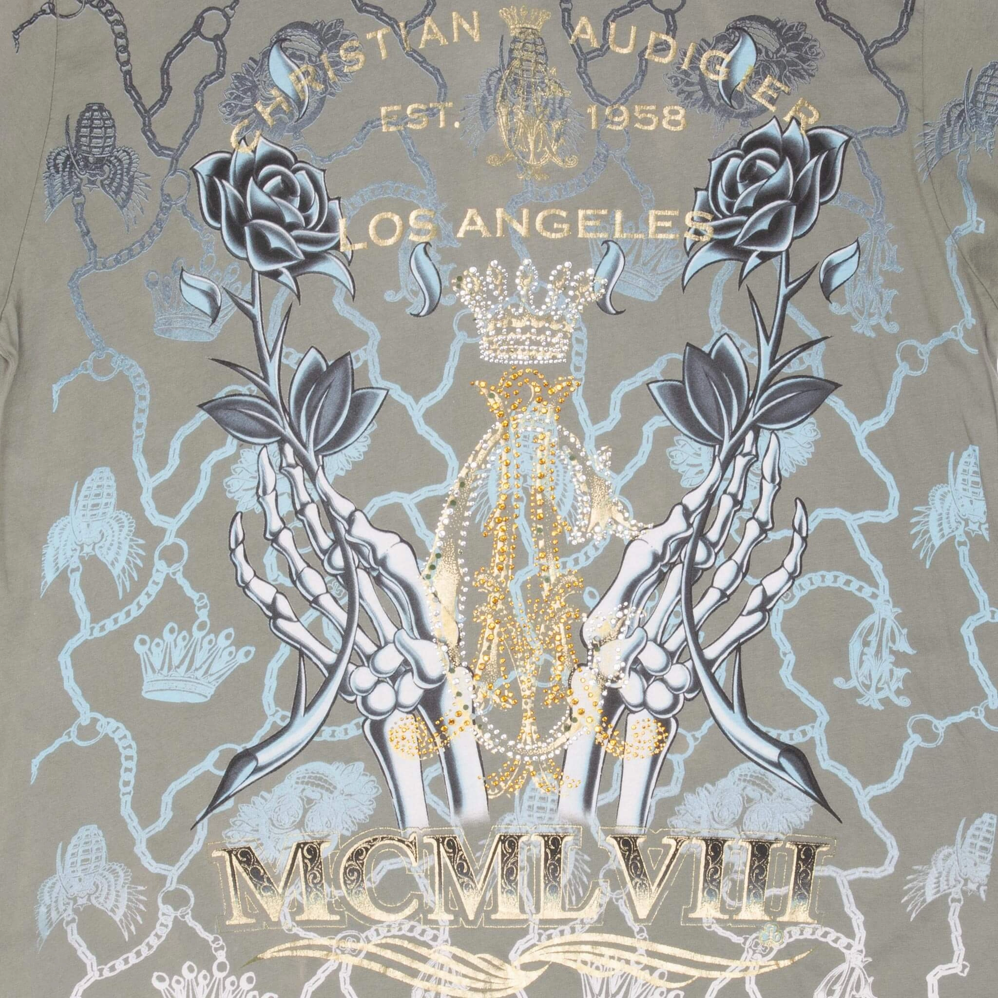 VINTAGE CHRISTIAN AUDIGIER RHINESTONES SKULL TEE SHIRT 2000S XL MADE IN USA