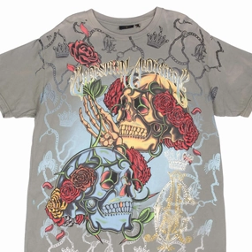 VINTAGE CHRISTIAN AUDIGIER RHINESTONES SKULL TEE SHIRT 2000S XL MADE IN USA
