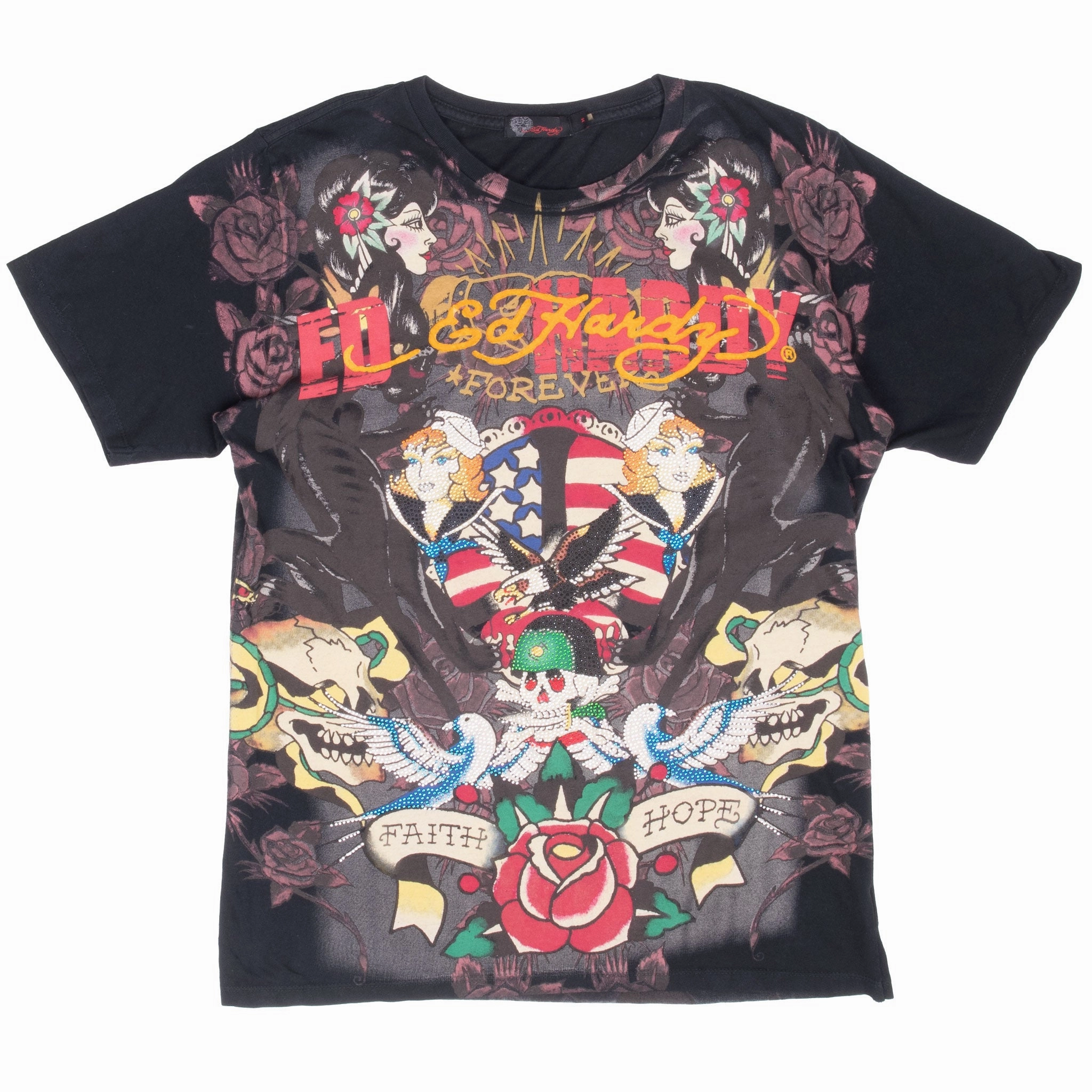 VINTAGE ED HARDY ALL OVER PRINT RHINESTONE TEE SHIRT 2000S MEDIUM