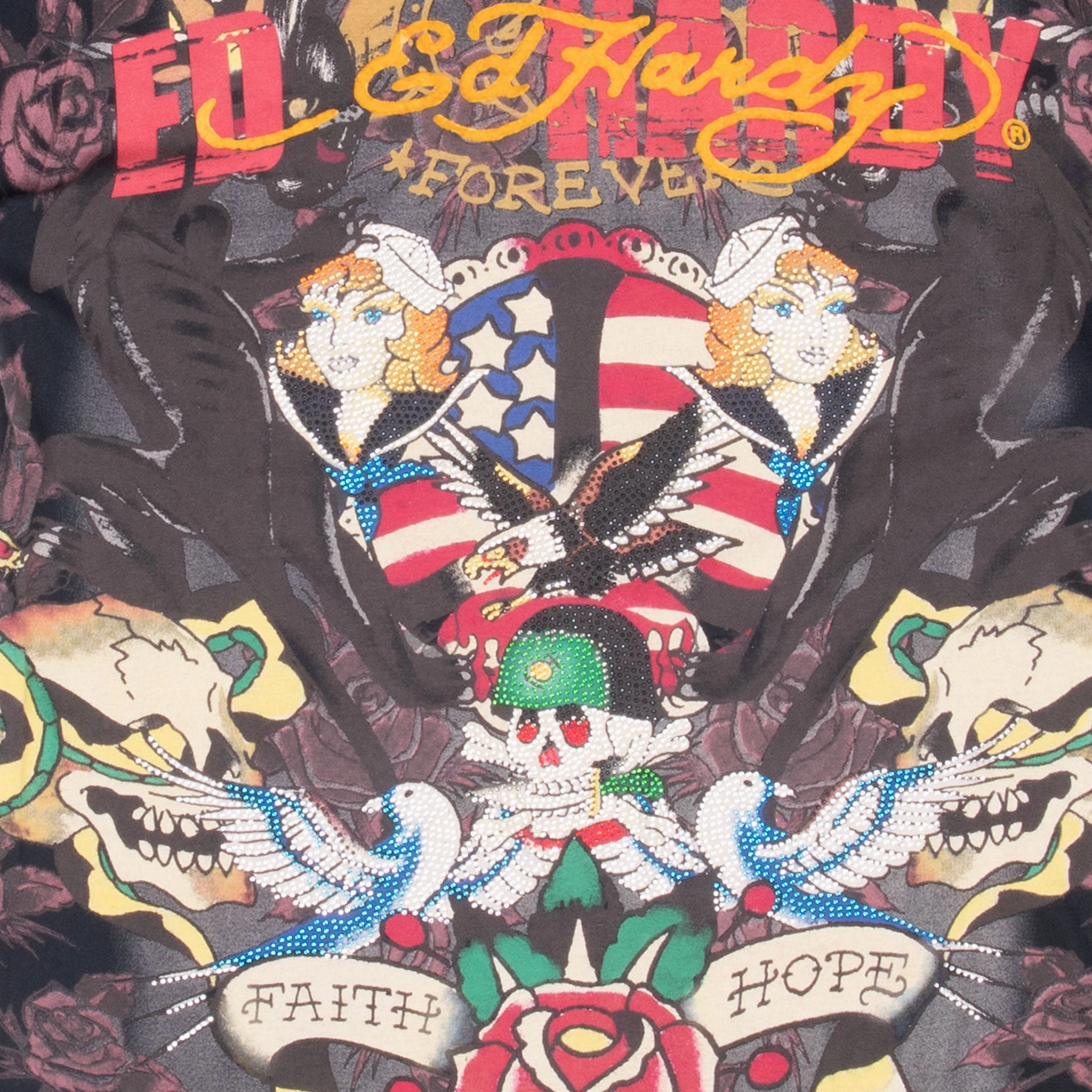 VINTAGE ED HARDY ALL OVER PRINT RHINESTONE TEE SHIRT 2000S MEDIUM