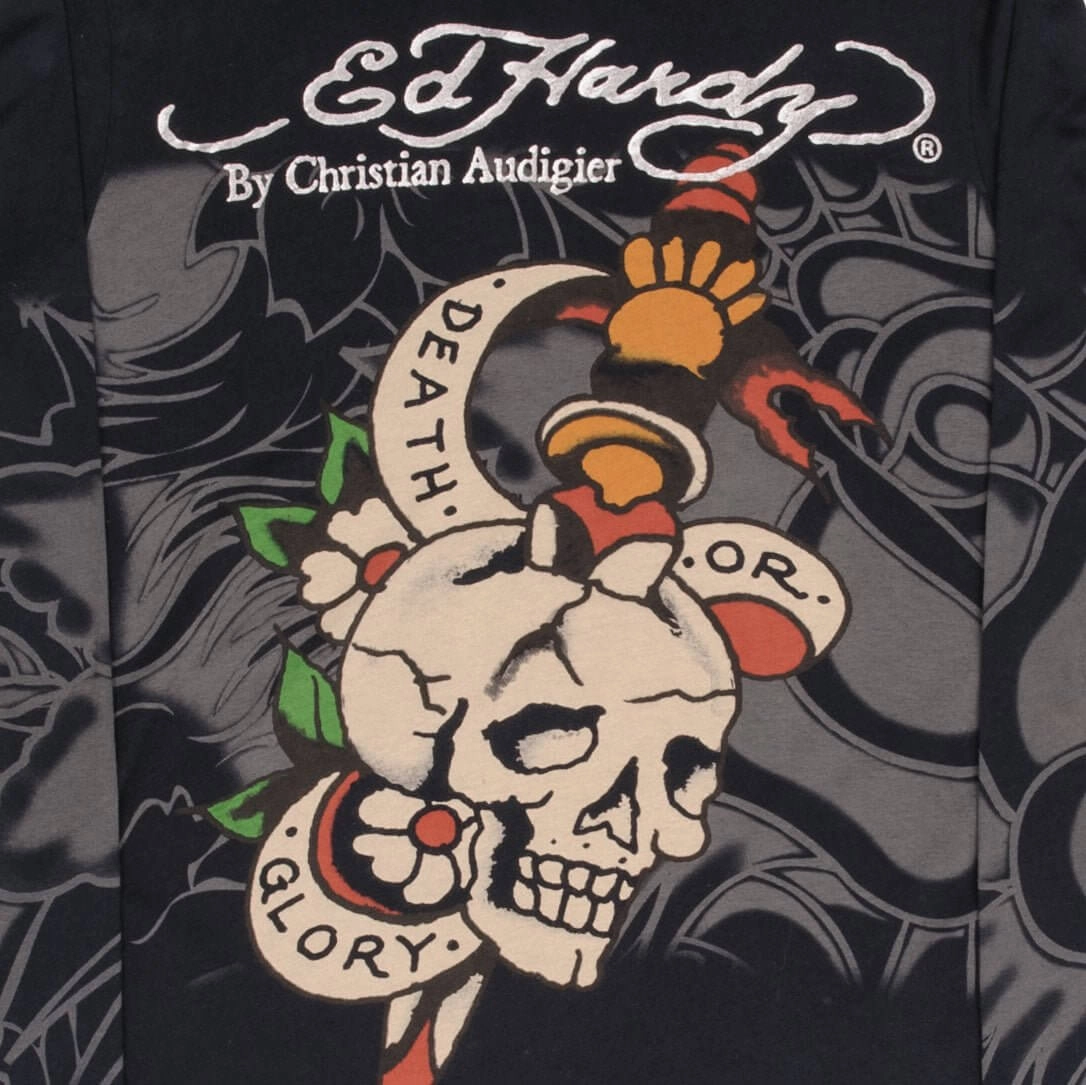 VINTAGE ED HARDY DEATH OR GLORY LONG SLEEVE TEE SHIRT 2000S MEDIUM MADE IN USA