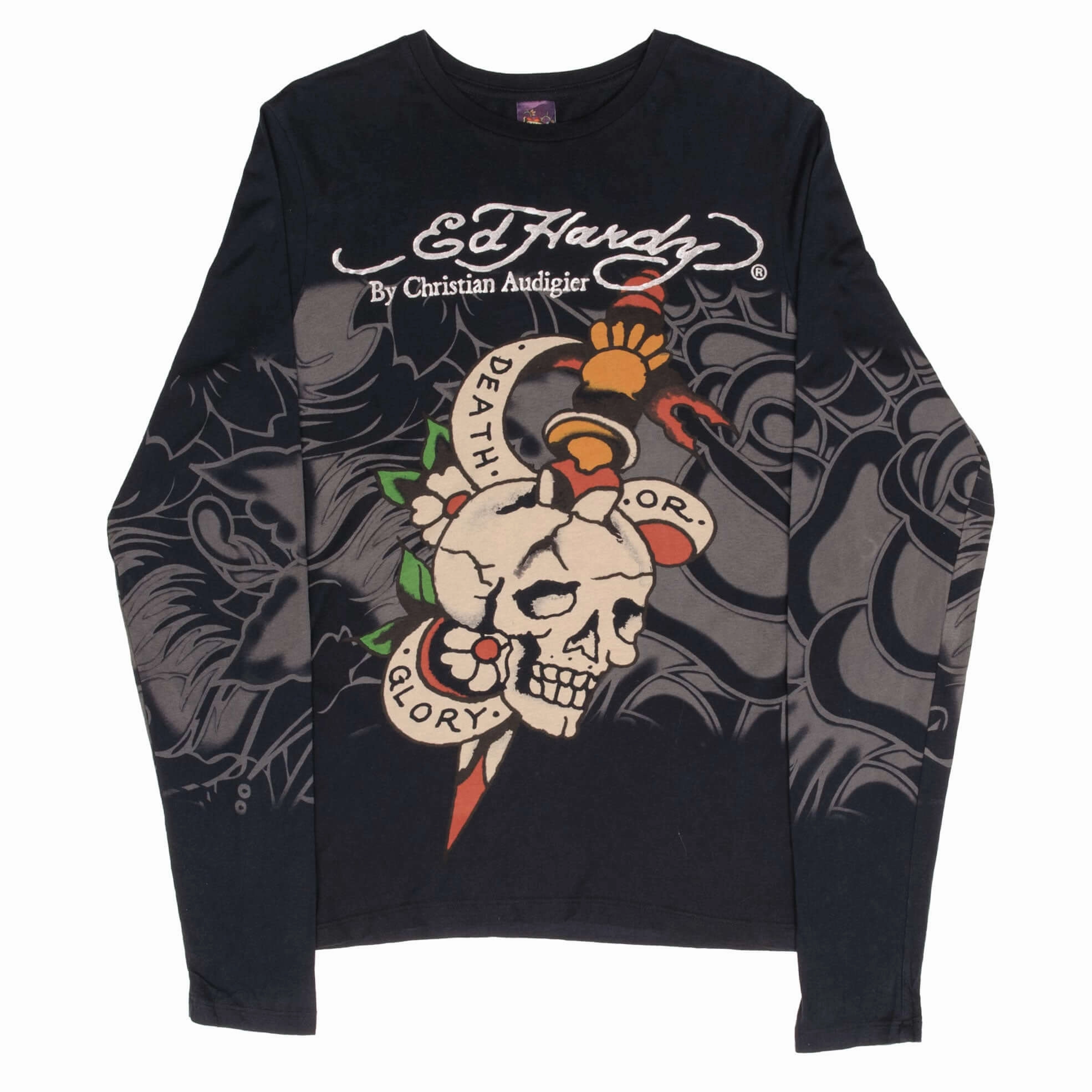 VINTAGE ED HARDY DEATH OR GLORY LONG SLEEVE TEE SHIRT 2000S MEDIUM MADE IN USA
