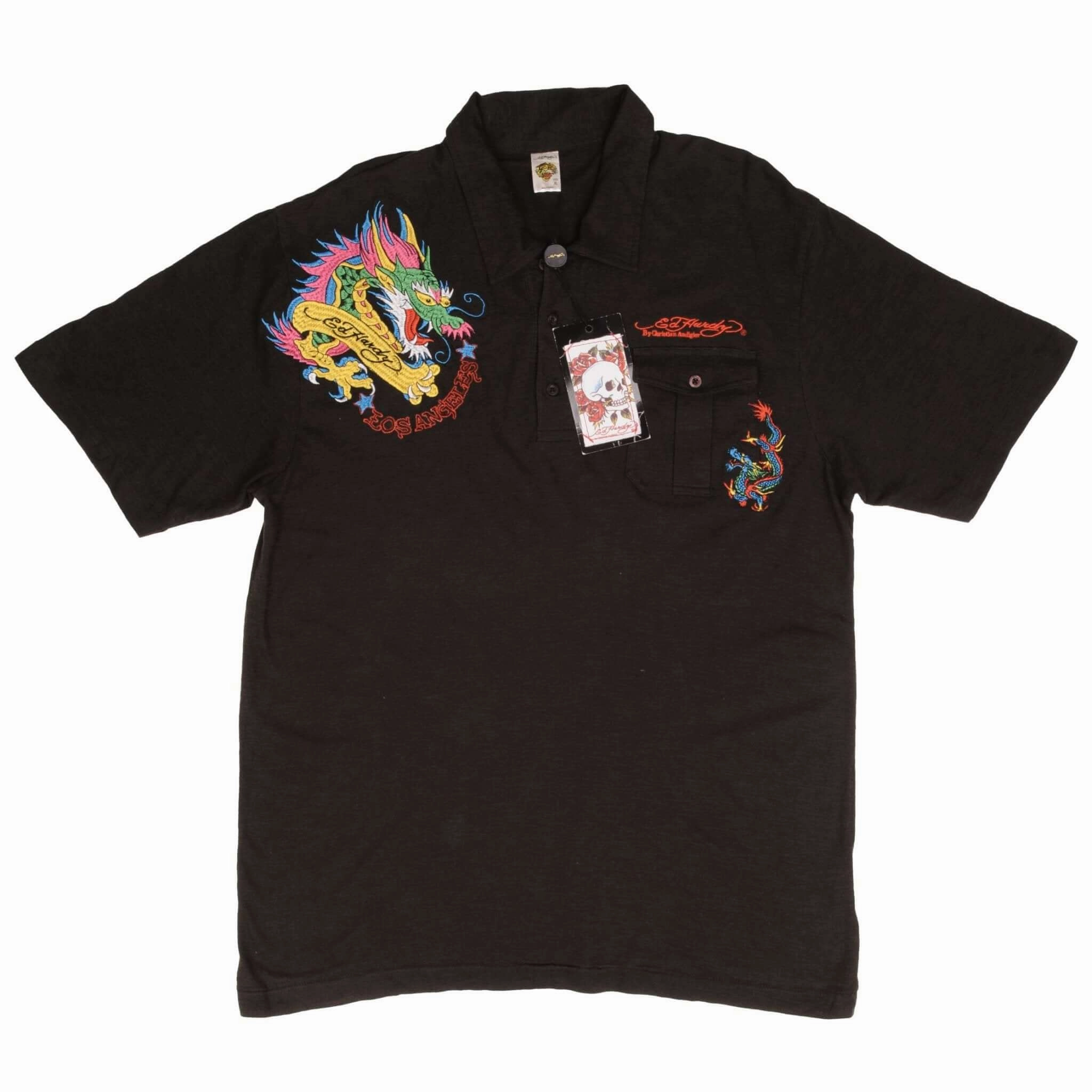 VINTAGE ED HARDY DRAGON EMBROIDERED POLO SHIRT 2000S SIZE XL DEADSTOCK