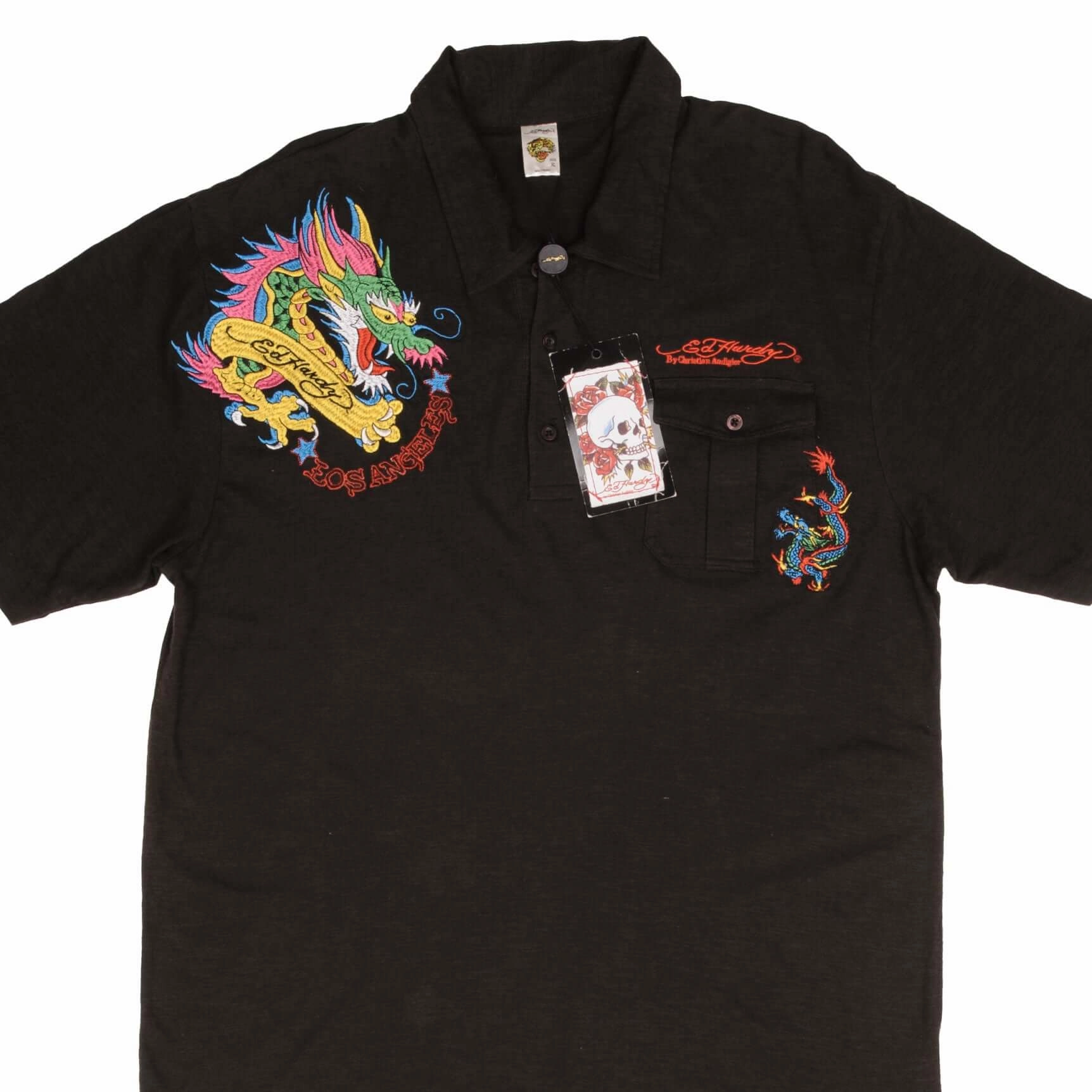 VINTAGE ED HARDY DRAGON EMBROIDERED POLO SHIRT 2000S SIZE XL DEADSTOCK