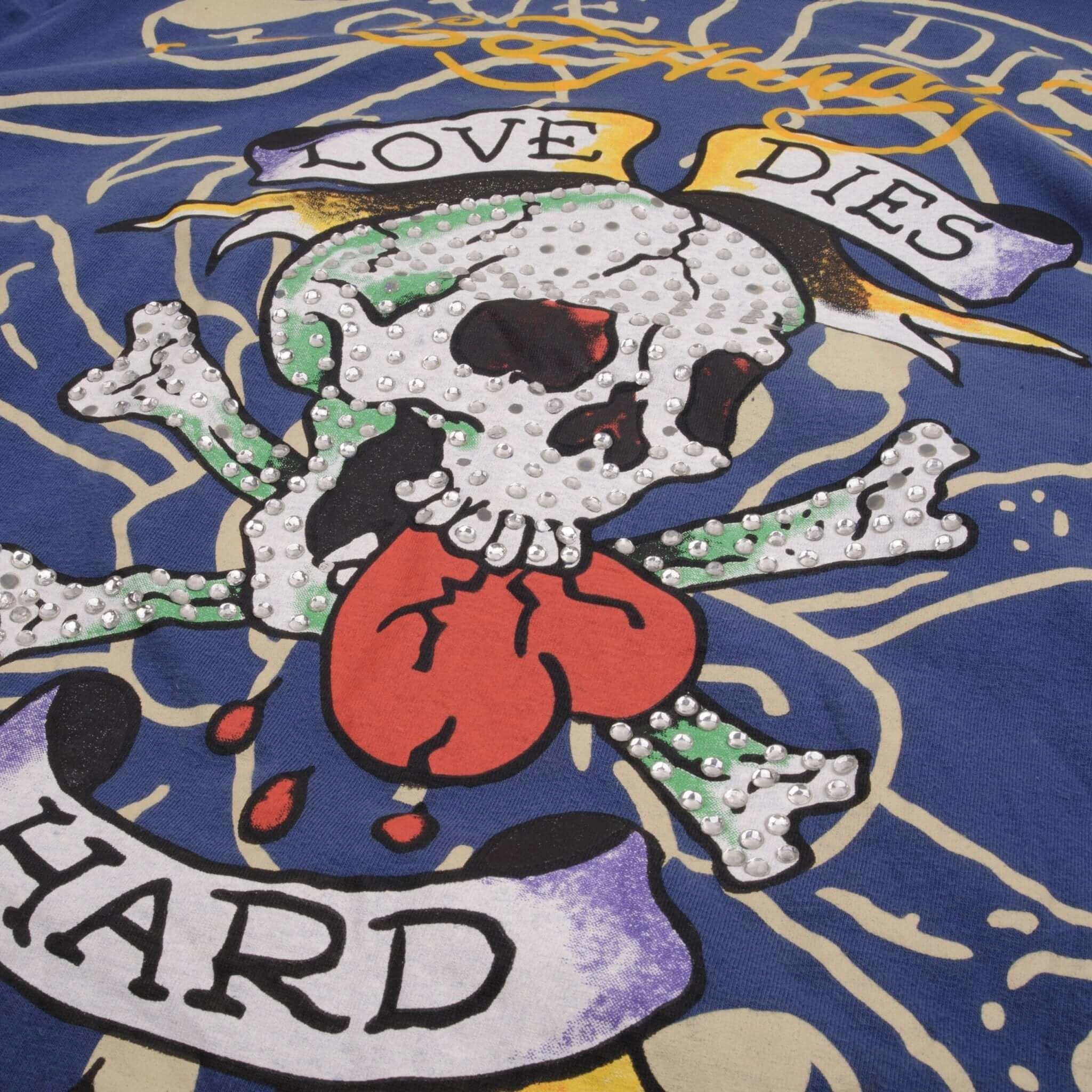 VINTAGE ED HARDY LOVE DIES HARD RHINESTONE TEE SHIRT 2000S SIZE XL MADE IN USA