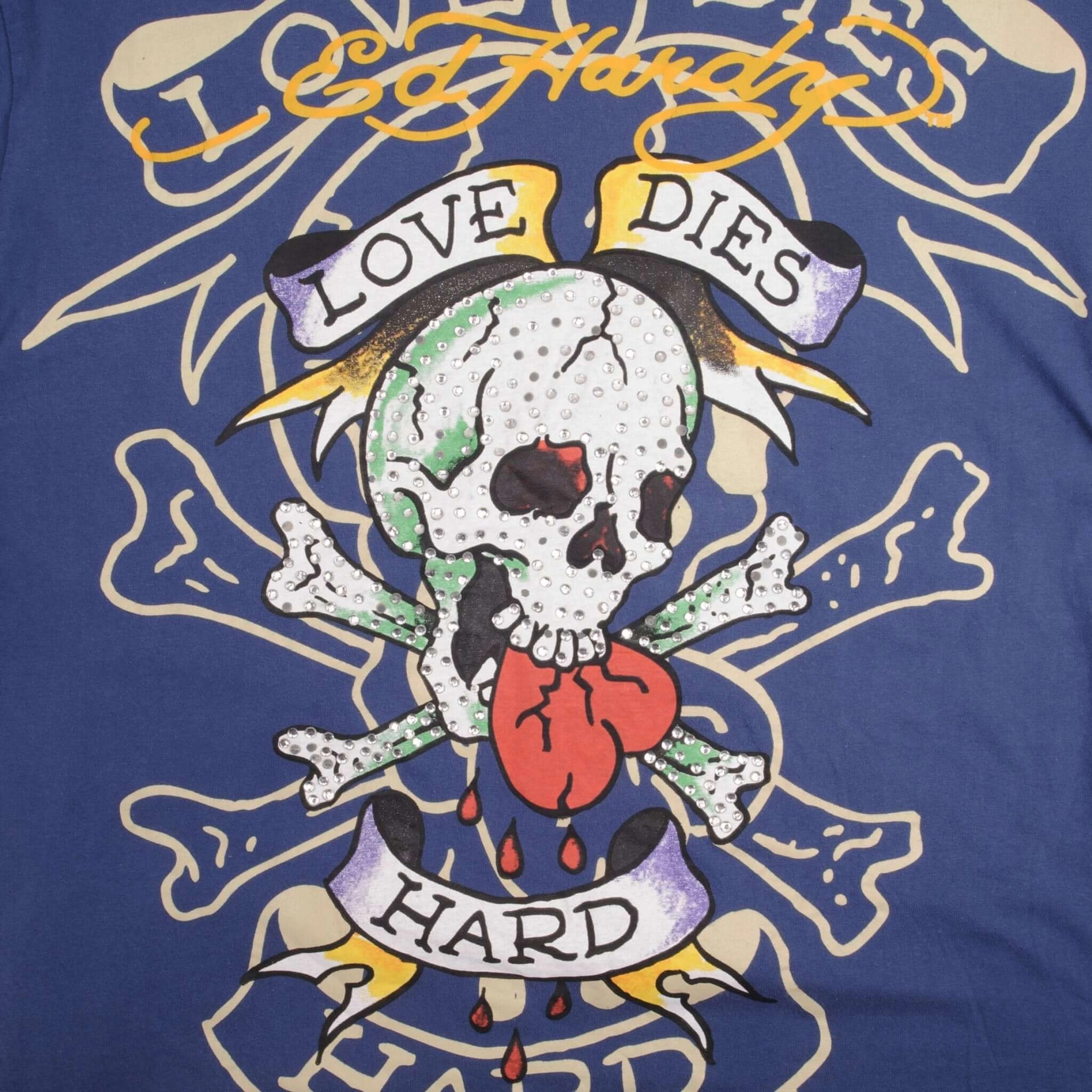 VINTAGE ED HARDY LOVE DIES HARD RHINESTONE TEE SHIRT 2000S SIZE XL MADE IN USA