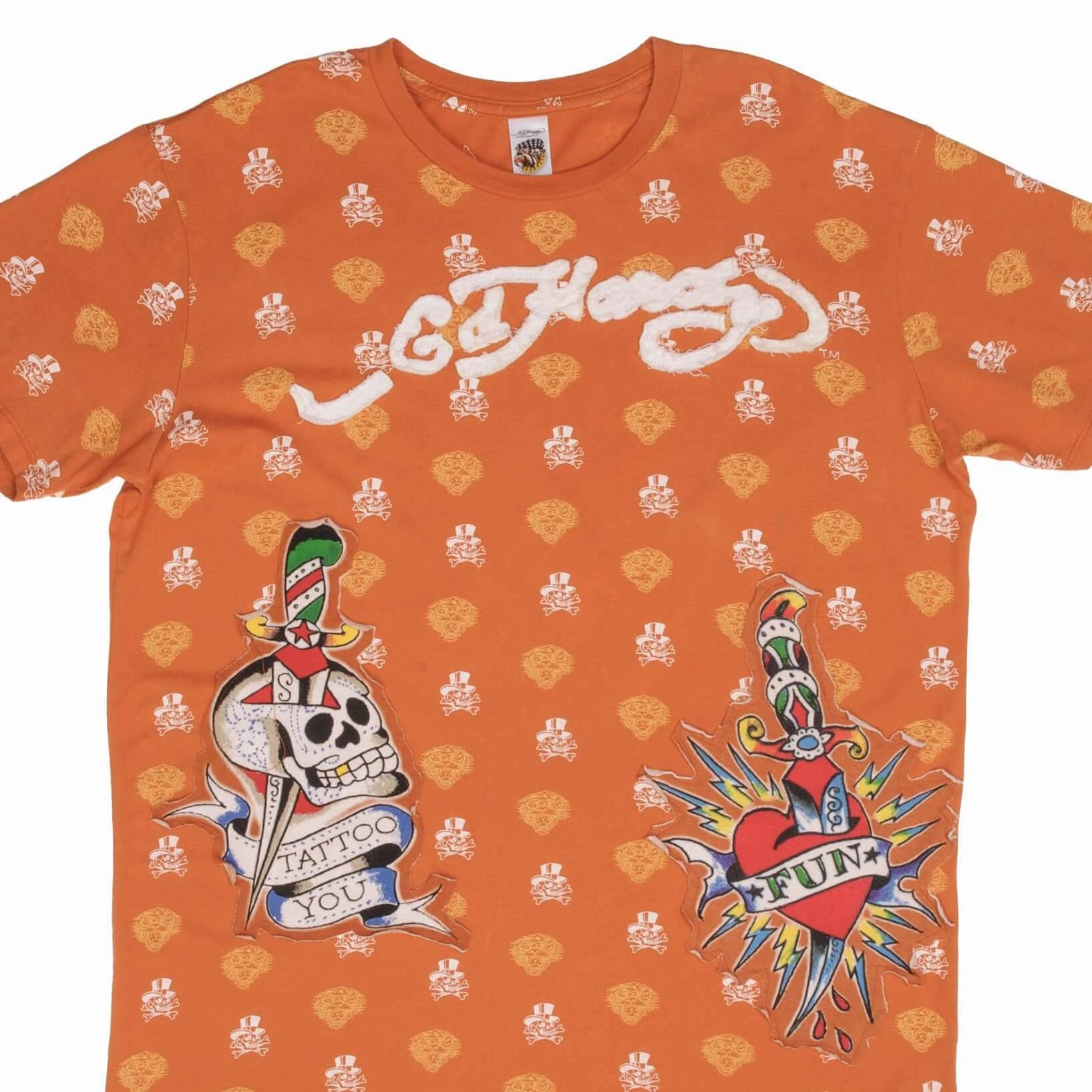 VINTAGE ED HARDY PATCH ALL OVER PRINT TEE SHIRT 2000S SIZE XL MADE IN USA