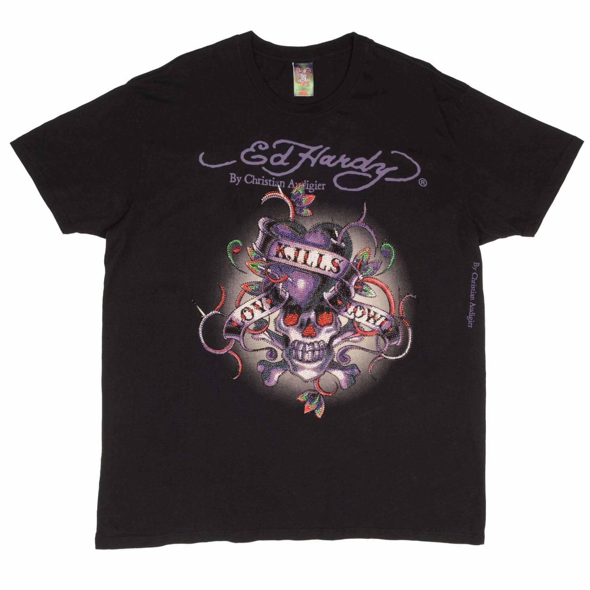 VINTAGE ED HARDY RHINESTONE SKULL TEE SHIRT 2000S SIZE 2XL MADE IN USA