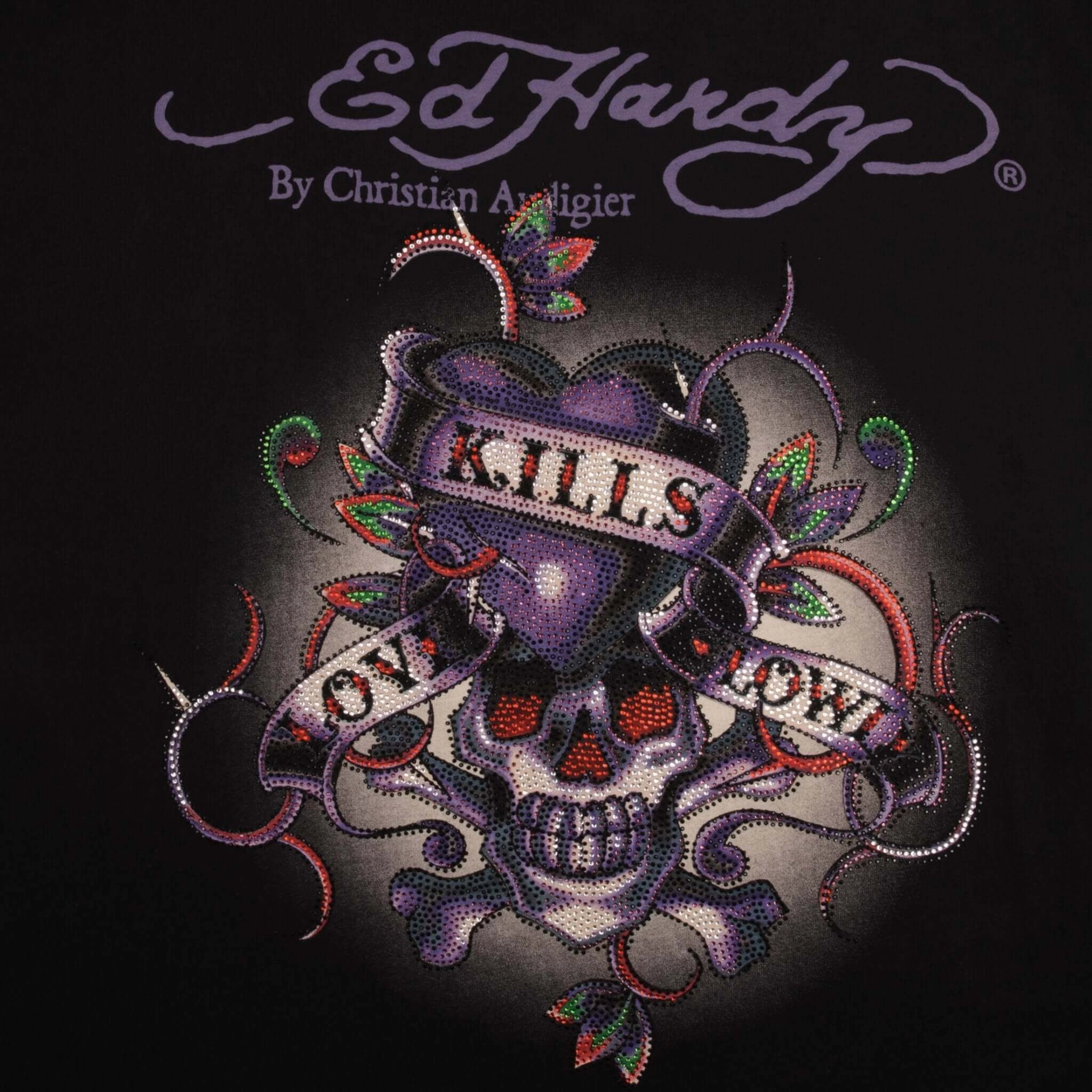 VINTAGE ED HARDY RHINESTONE SKULL TEE SHIRT 2000S SIZE 2XL MADE IN USA