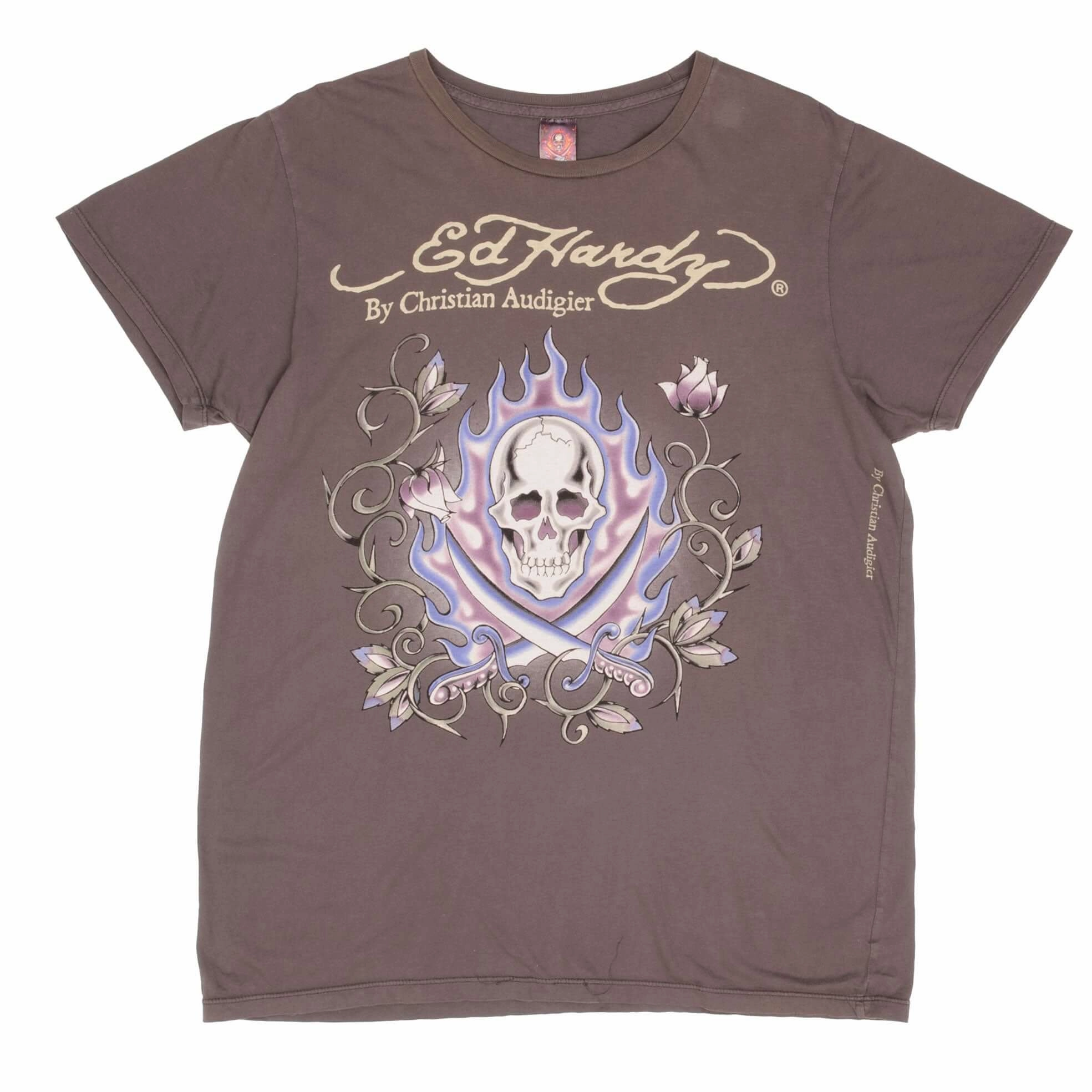 VINTAGE ED HARDY SKULL AND ROSES TEE SHIRT 2000S SIZE XL MADE IN USA
