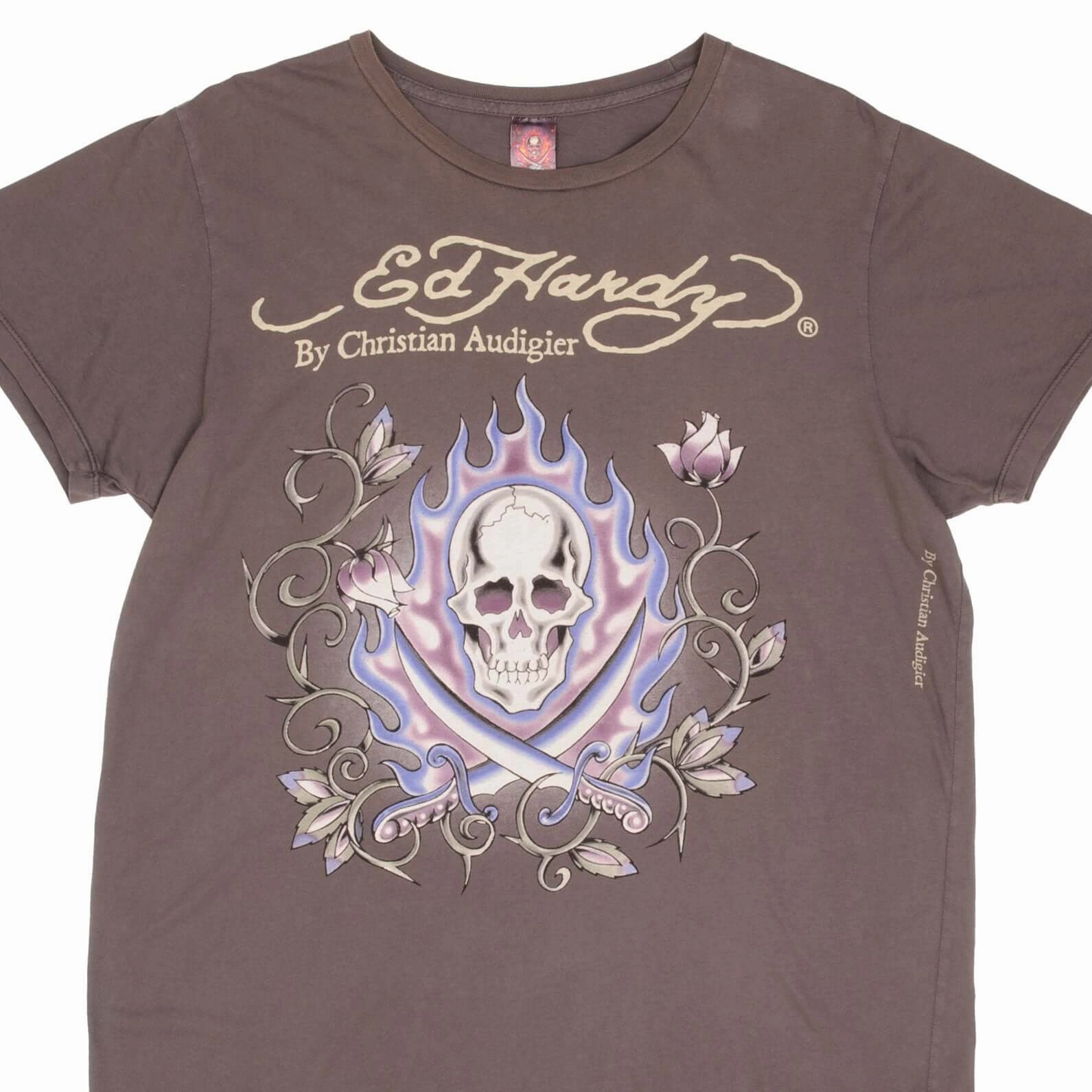 VINTAGE ED HARDY SKULL AND ROSES TEE SHIRT 2000S SIZE XL MADE IN USA