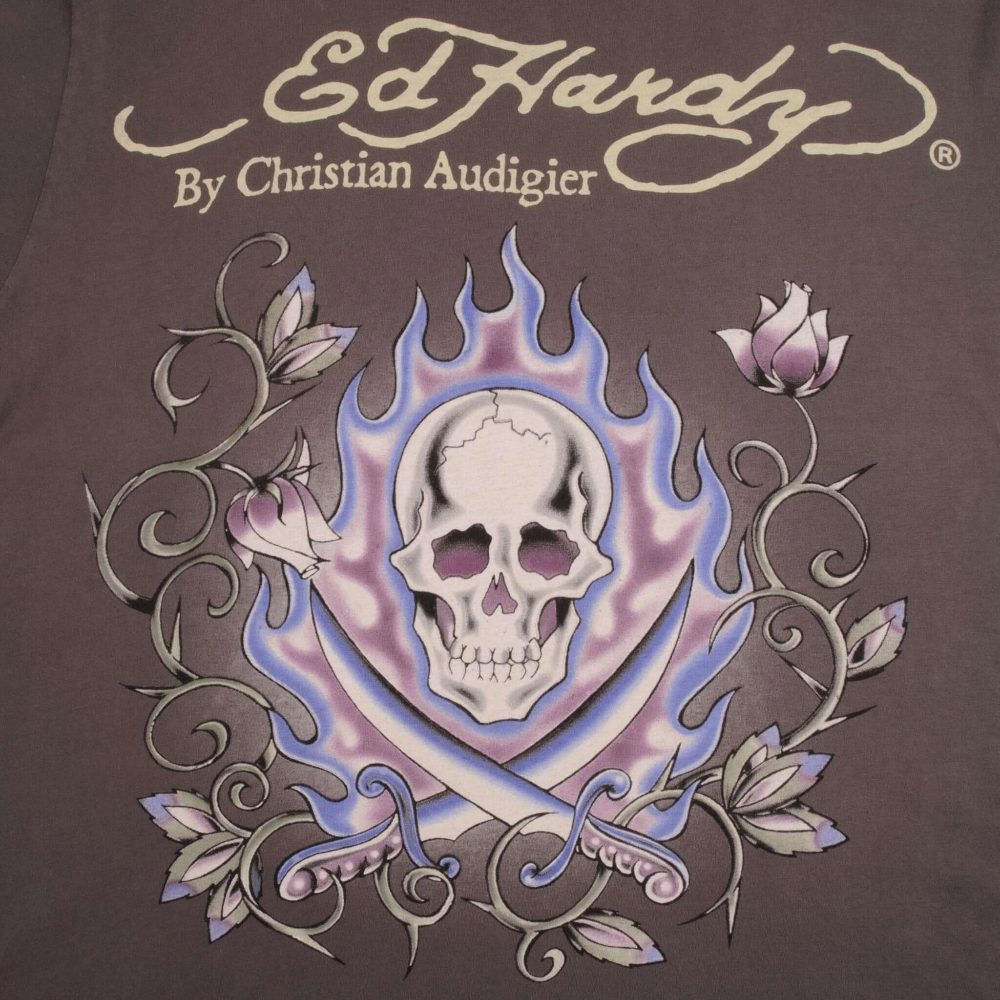 VINTAGE ED HARDY SKULL AND ROSES TEE SHIRT 2000S SIZE XL MADE IN USA