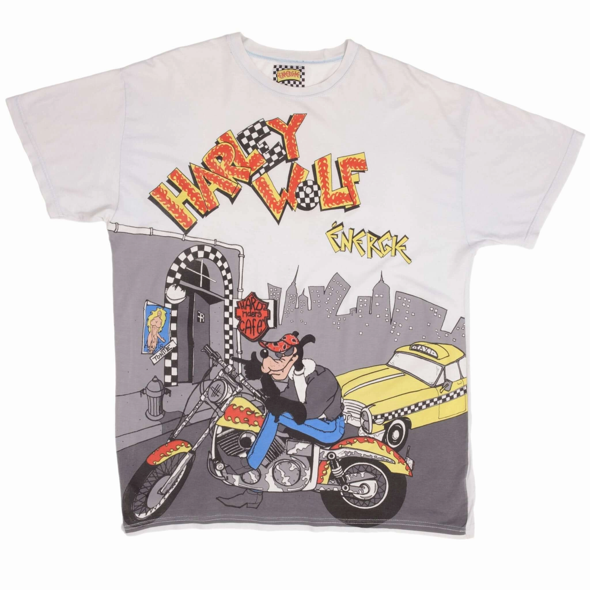 VINTAGE HARLEY WOLF ENERGIE BIKER ALL OVER PRINT TEE SHIRT 1990S XL MADE ITALY