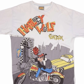 VINTAGE HARLEY WOLF ENERGIE BIKER ALL OVER PRINT TEE SHIRT 1990S XL MADE ITALY
