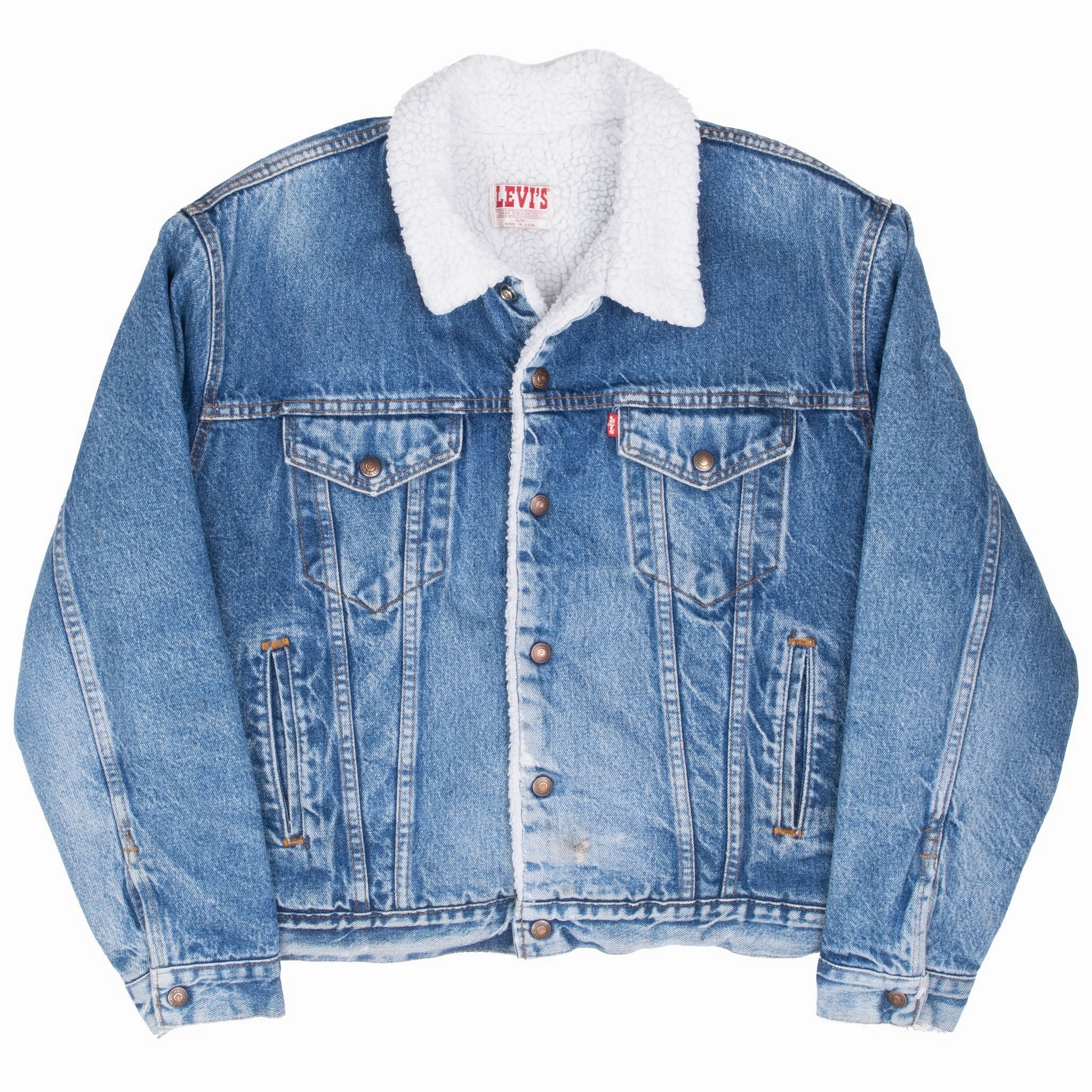 VINTAGE LEVIS SHERPA TRUCKER BLUE DENIM JACKET 1980S SIZE 42R MADE IN USA