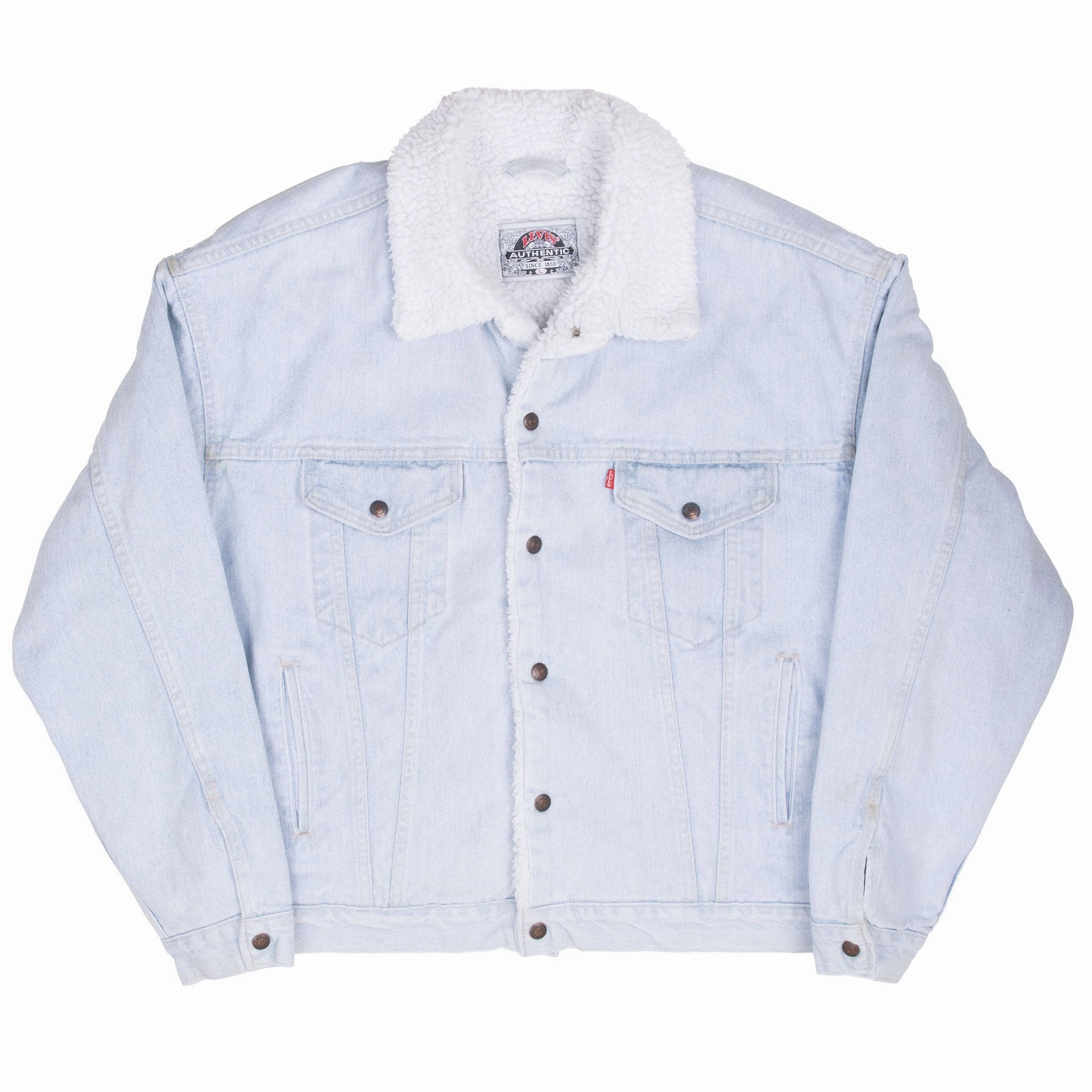 VINTAGE LEVIS SHERPA TRUCKER BLUE LIGHT WASH DENIM JACKET 1980S LARGE MADE USA