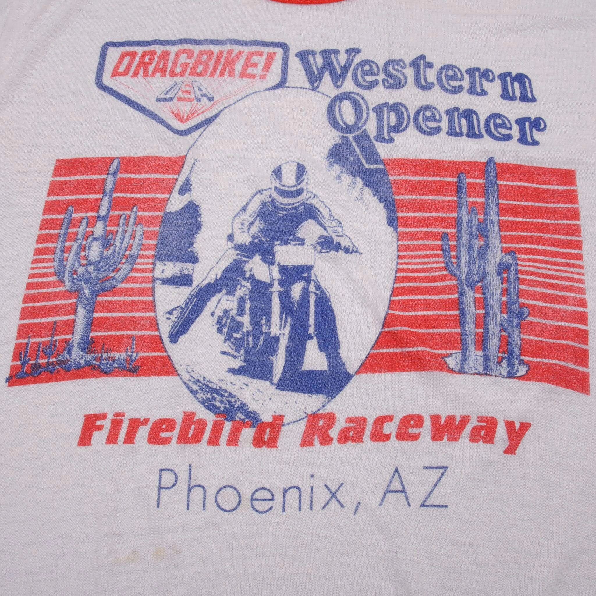VINTAGE MOTORCYCLE RACING WESTERN OPENER FIREBIRD RACEWAY TEE SHIRT 1980S MEDIUM MADE USA