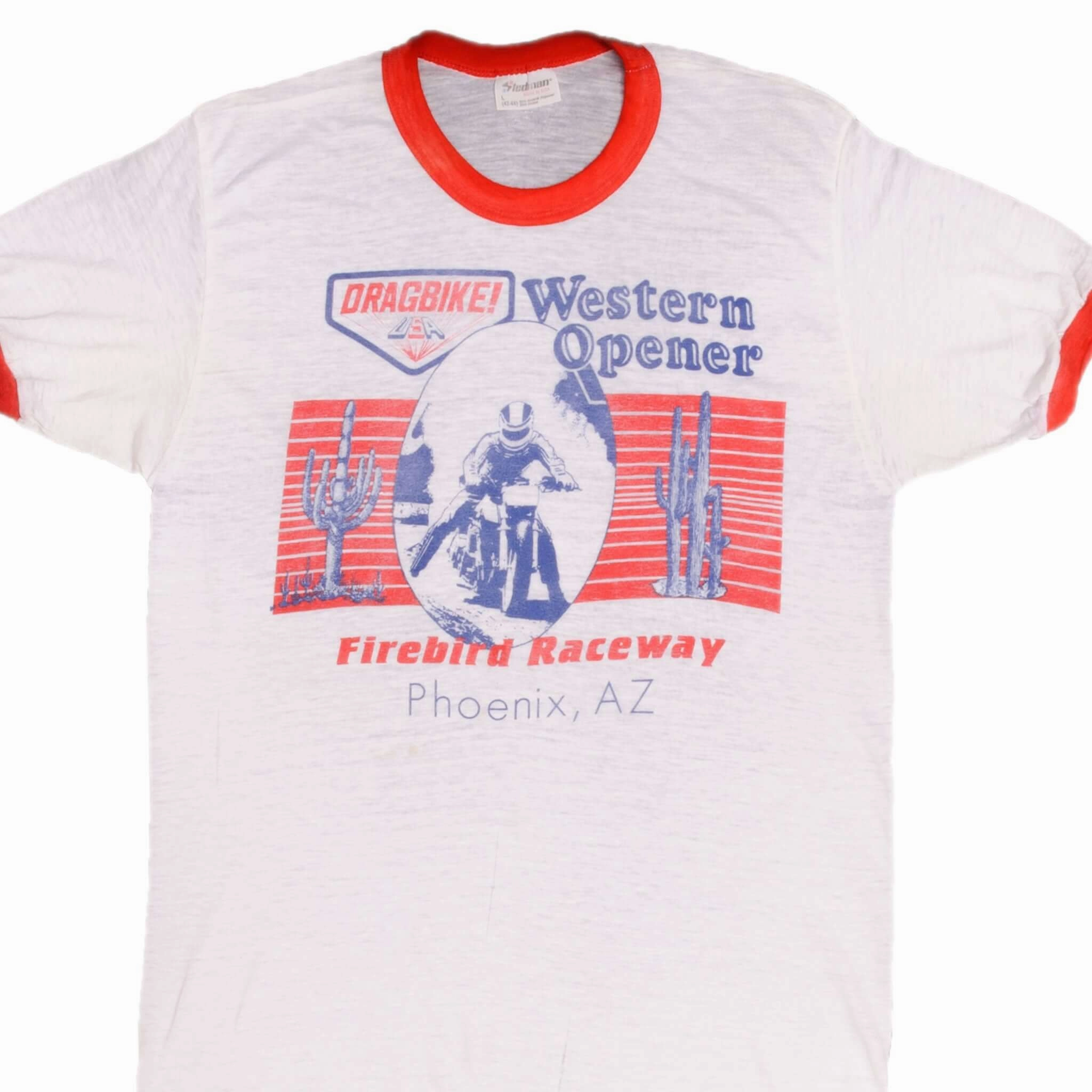 VINTAGE MOTORCYCLE RACING WESTERN OPENER FIREBIRD RACEWAY TEE SHIRT 1980S MEDIUM MADE USA