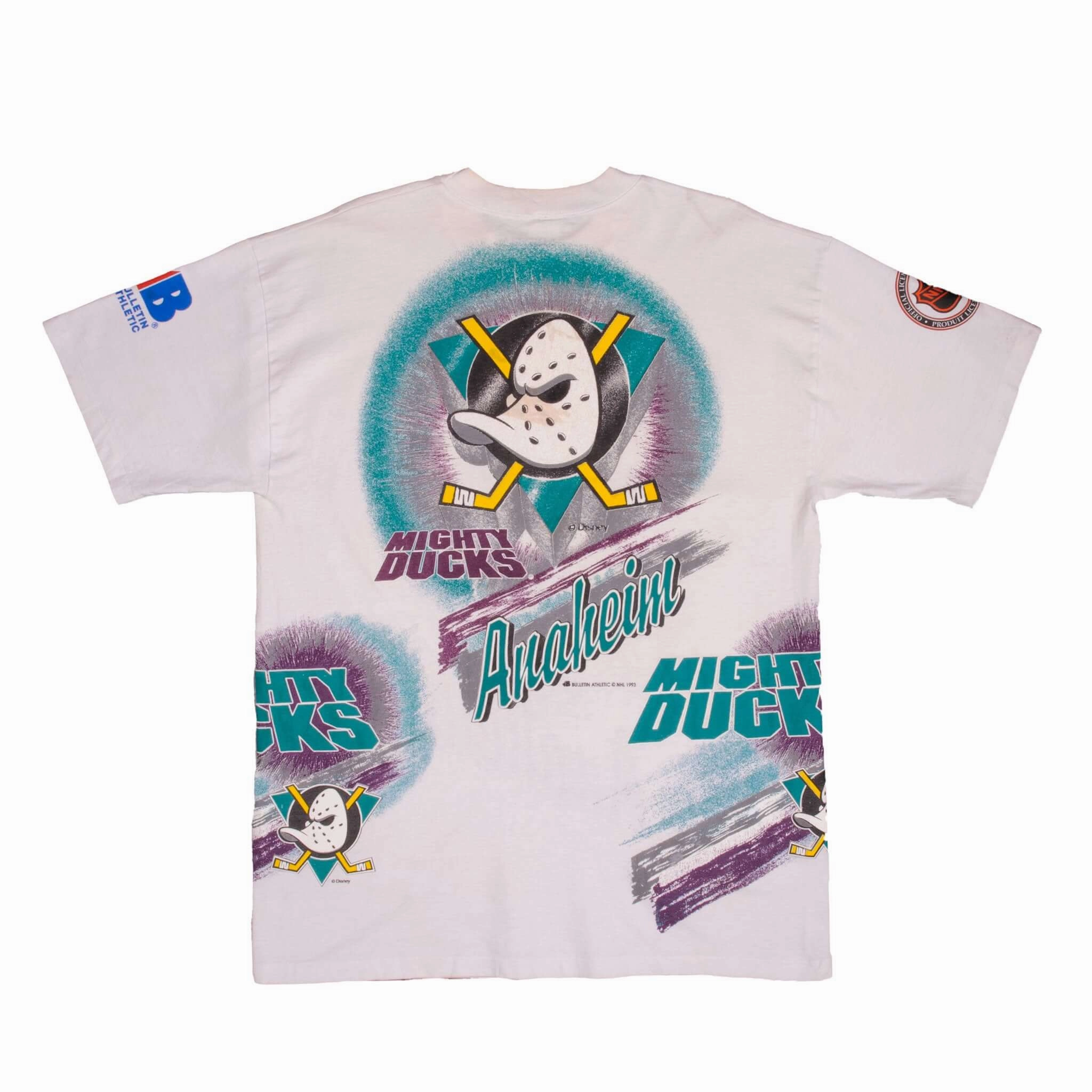 VINTAGE NHL ALL OVER PRINT DISNEY ANAHEIM MIGHTY DUCKS TEE SHIRT 1993 SIZE XL MADE IN CANADA