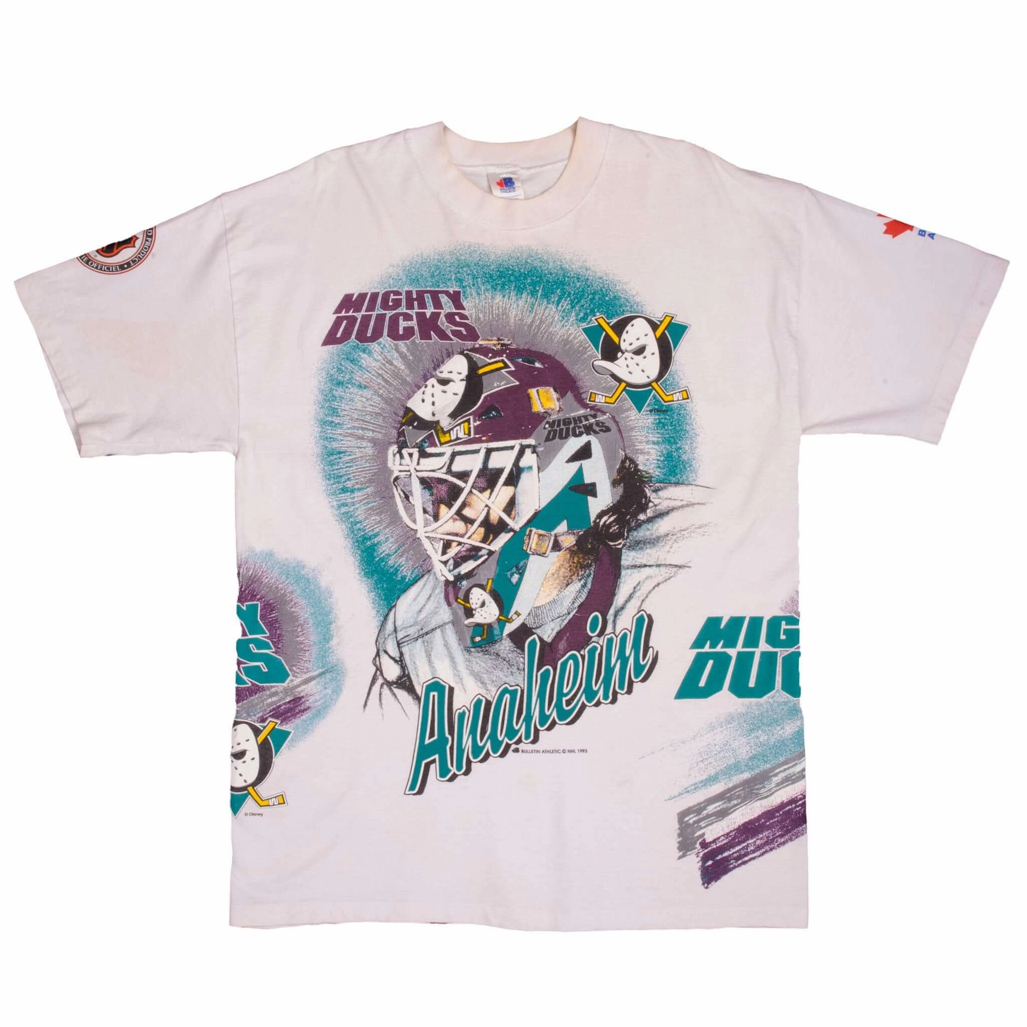 VINTAGE NHL ALL OVER PRINT DISNEY ANAHEIM MIGHTY DUCKS TEE SHIRT 1993 SIZE XL MADE IN CANADA