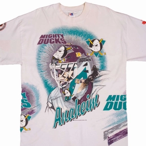 VINTAGE NHL ALL OVER PRINT DISNEY ANAHEIM MIGHTY DUCKS TEE SHIRT 1993 SIZE XL MADE IN CANADA