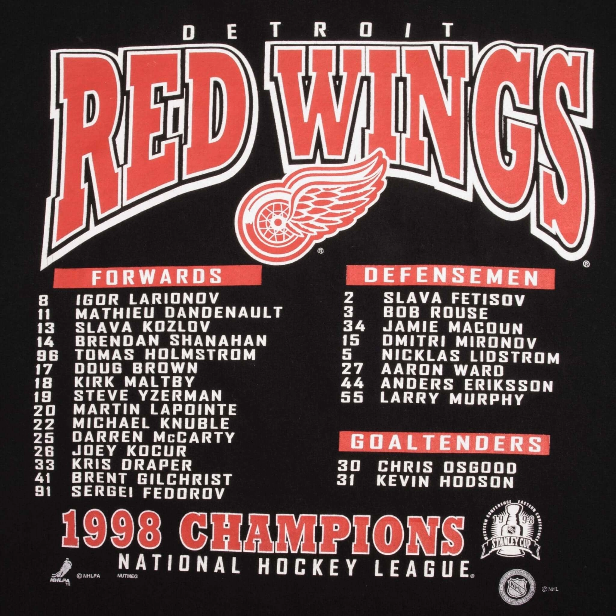 VINTAGE NHL DETROIT RED WINGS STANLEY CUP CHAMPIONS 1998 TEE SHIRT 2XL