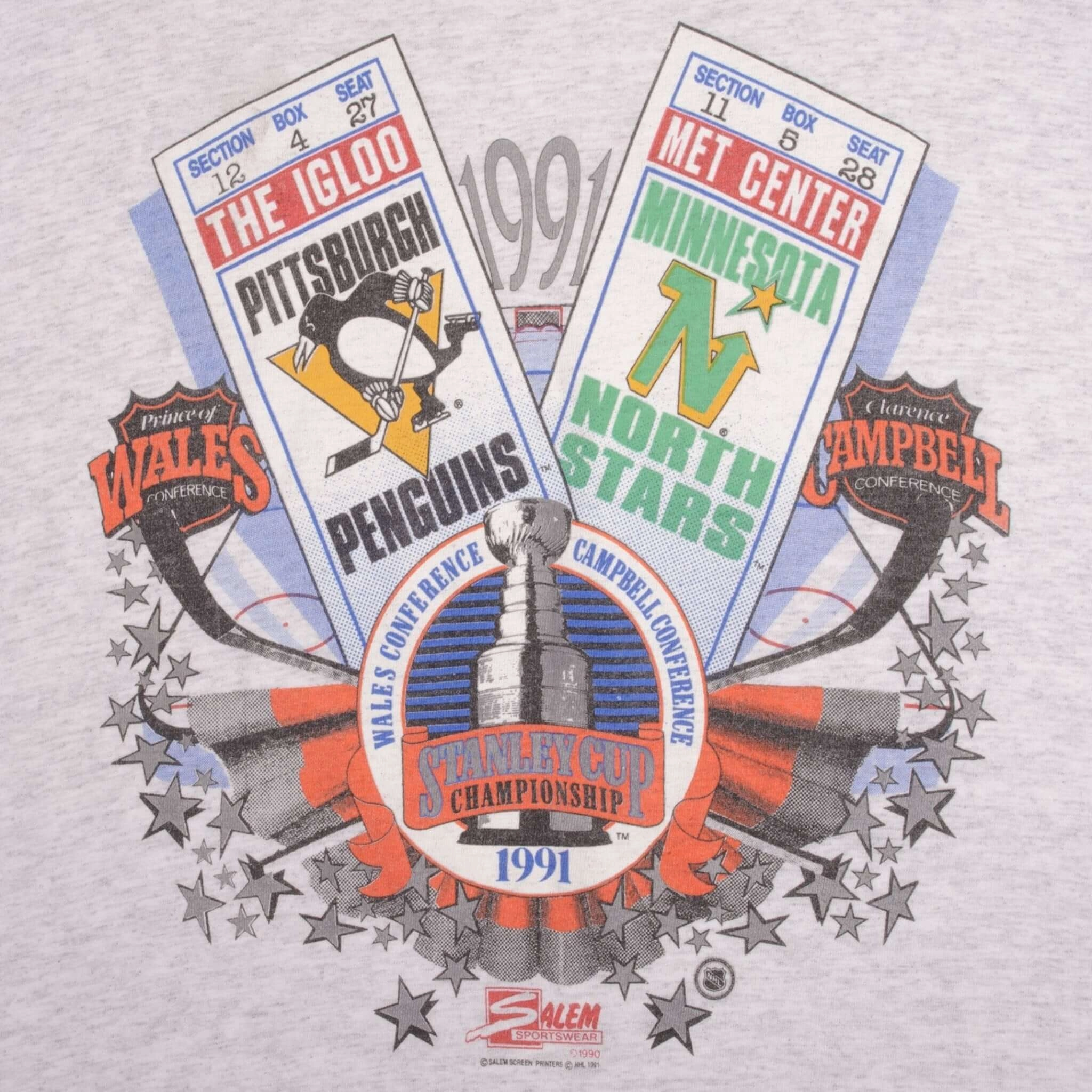 VINTAGE NHL PENGUINS VS NORTH STARS STANLEY CUP TEE SHIRT 1991 XL MADE IN USA