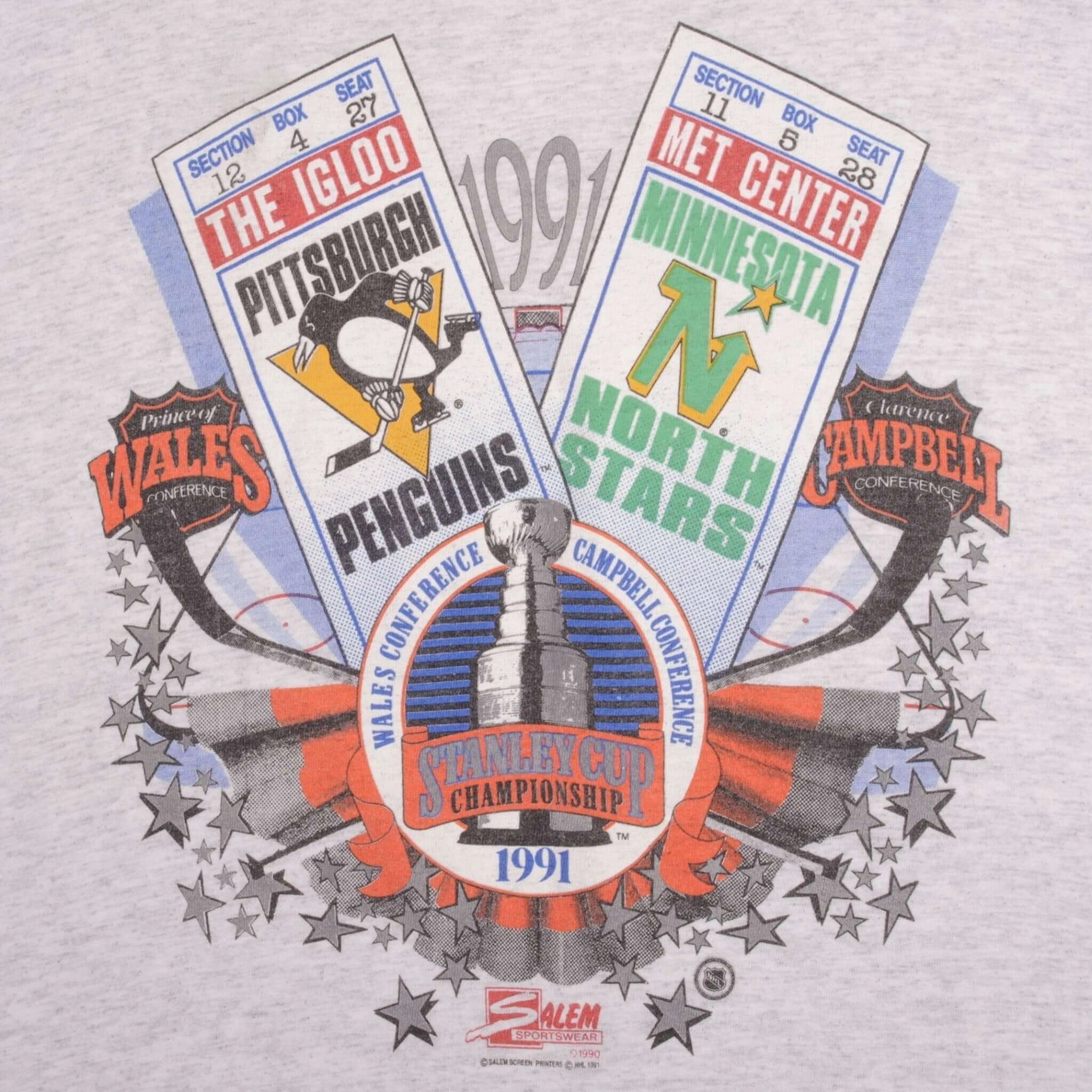 VINTAGE NHL PENGUINS VS NORTH STARS STANLEY CUP TEE SHIRT 1991 XL MADE IN USA