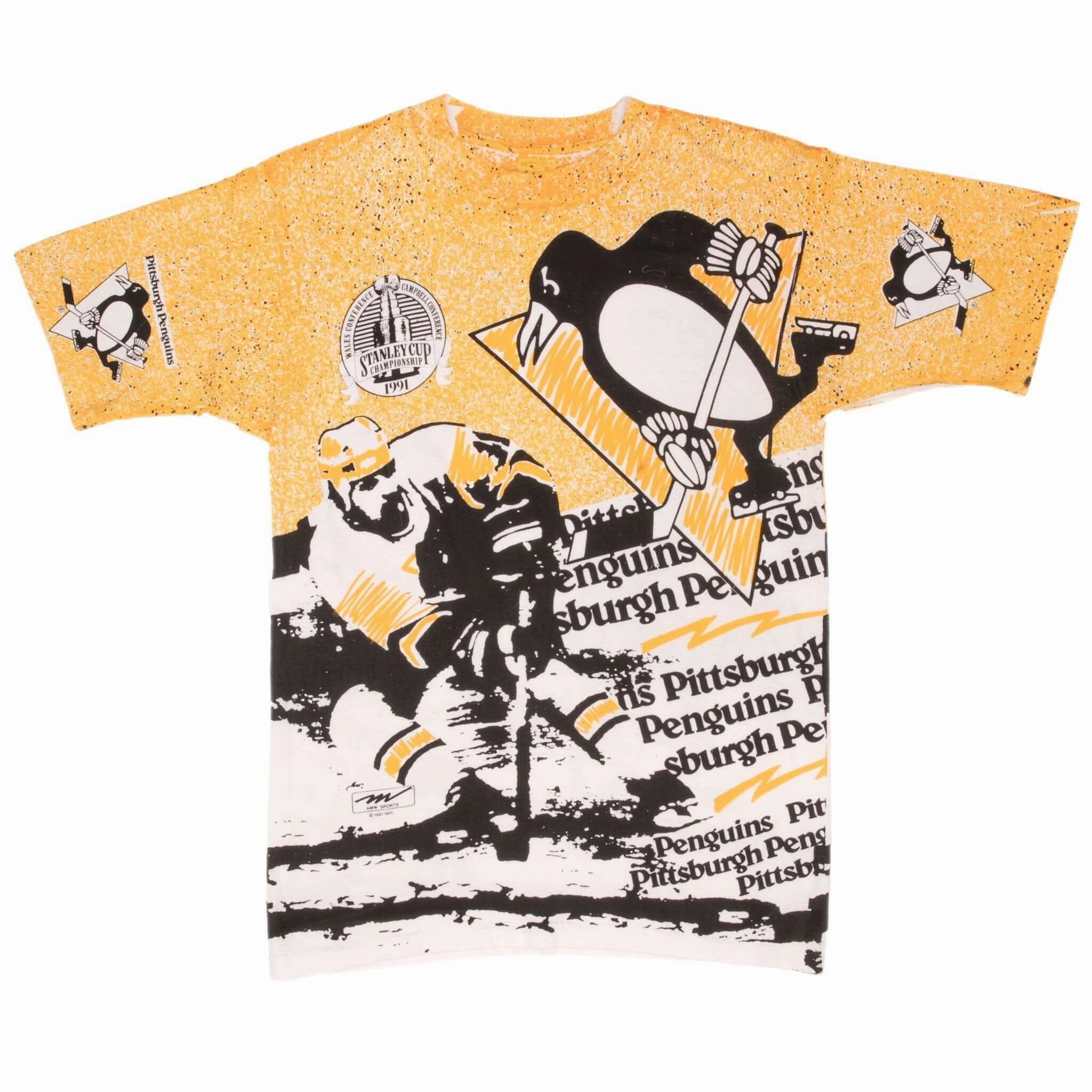 VINTAGE NHL PITTSBURGH PENGUINS STANLEY CUP 1991 ALL OVER PRINT TEE SHIRT MEDIUM