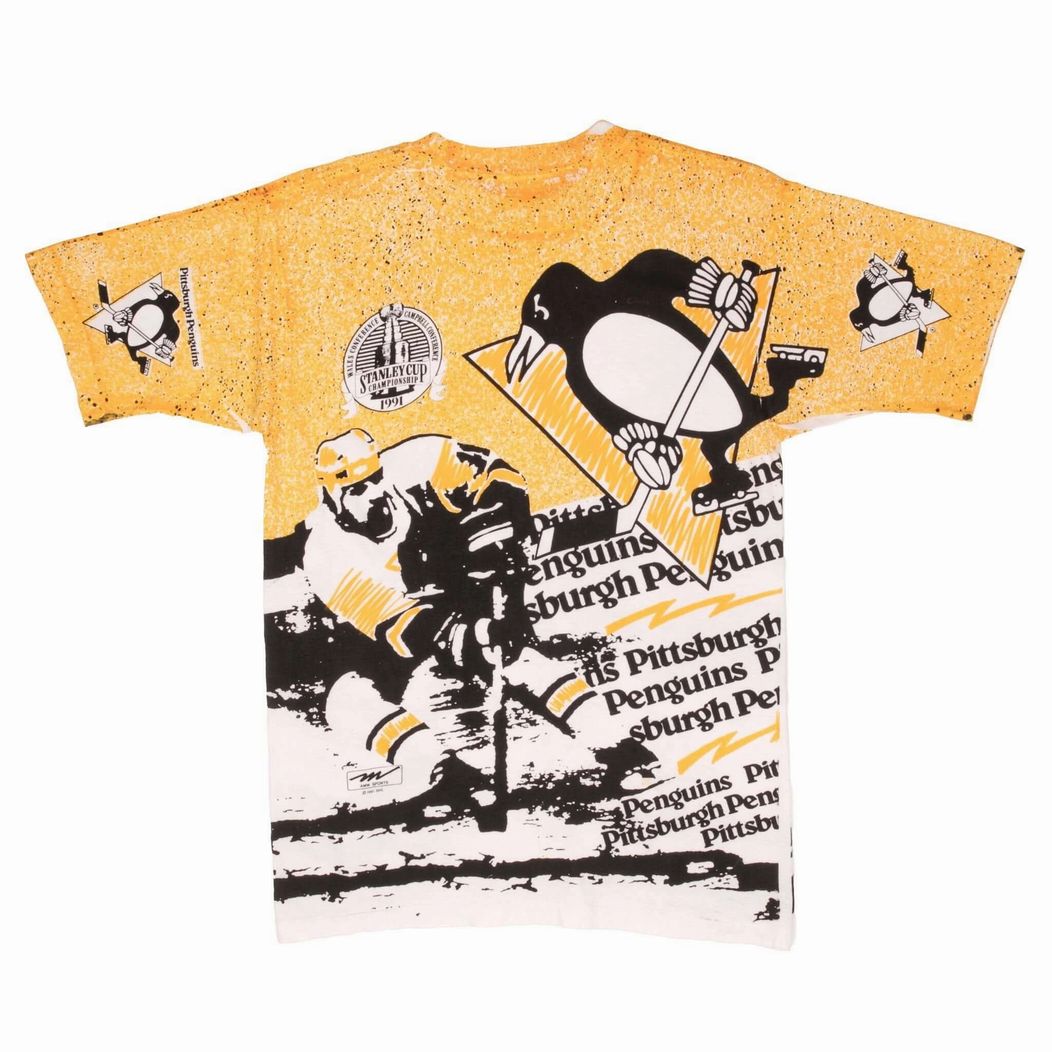 VINTAGE NHL PITTSBURGH PENGUINS STANLEY CUP 1991 ALL OVER PRINT TEE SHIRT MEDIUM