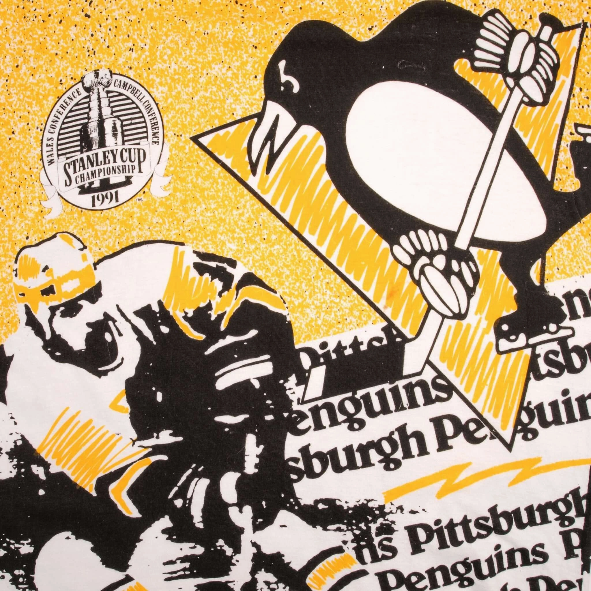 VINTAGE NHL PITTSBURGH PENGUINS STANLEY CUP 1991 ALL OVER PRINT TEE SHIRT MEDIUM