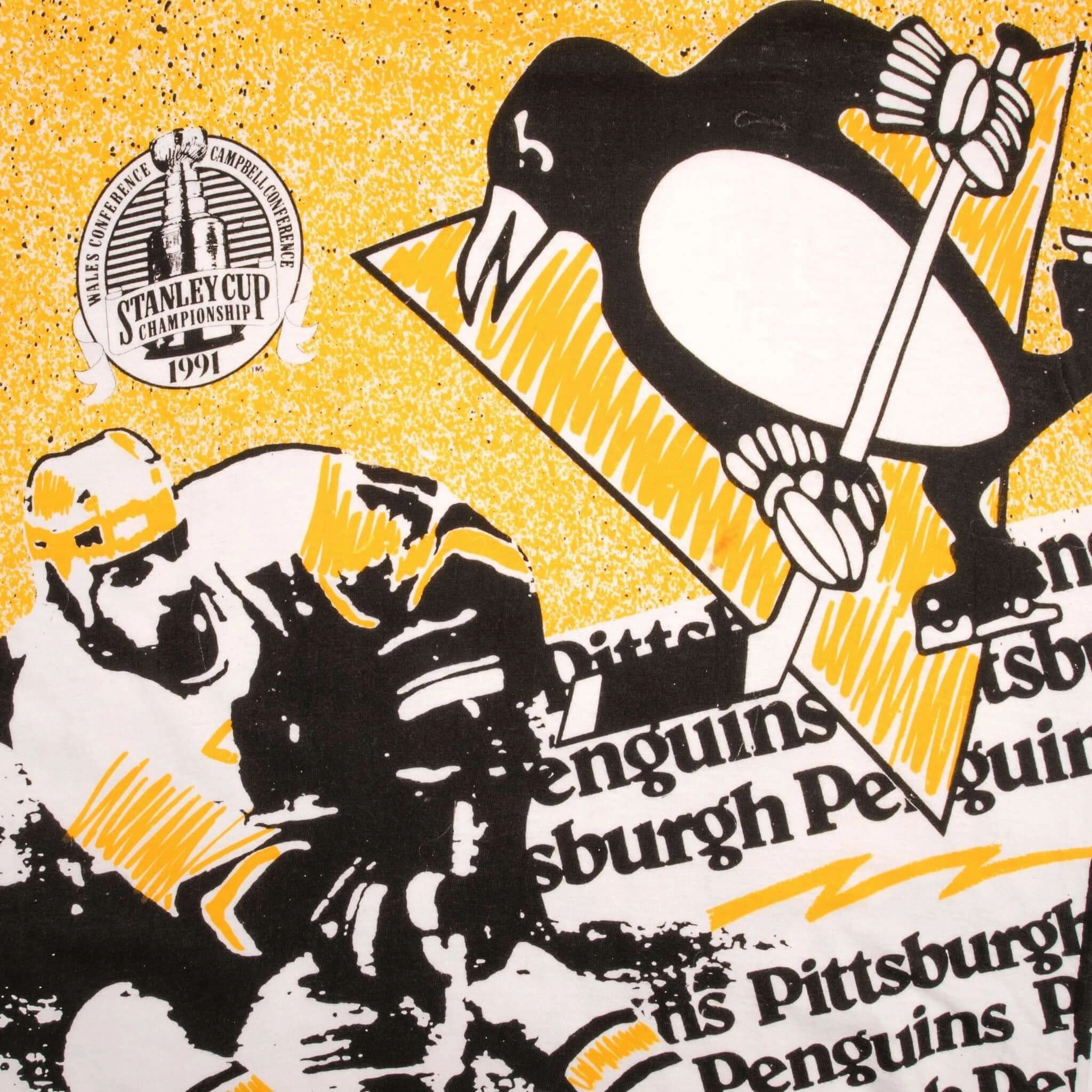 VINTAGE NHL PITTSBURGH PENGUINS STANLEY CUP 1991 ALL OVER PRINT TEE SHIRT MEDIUM