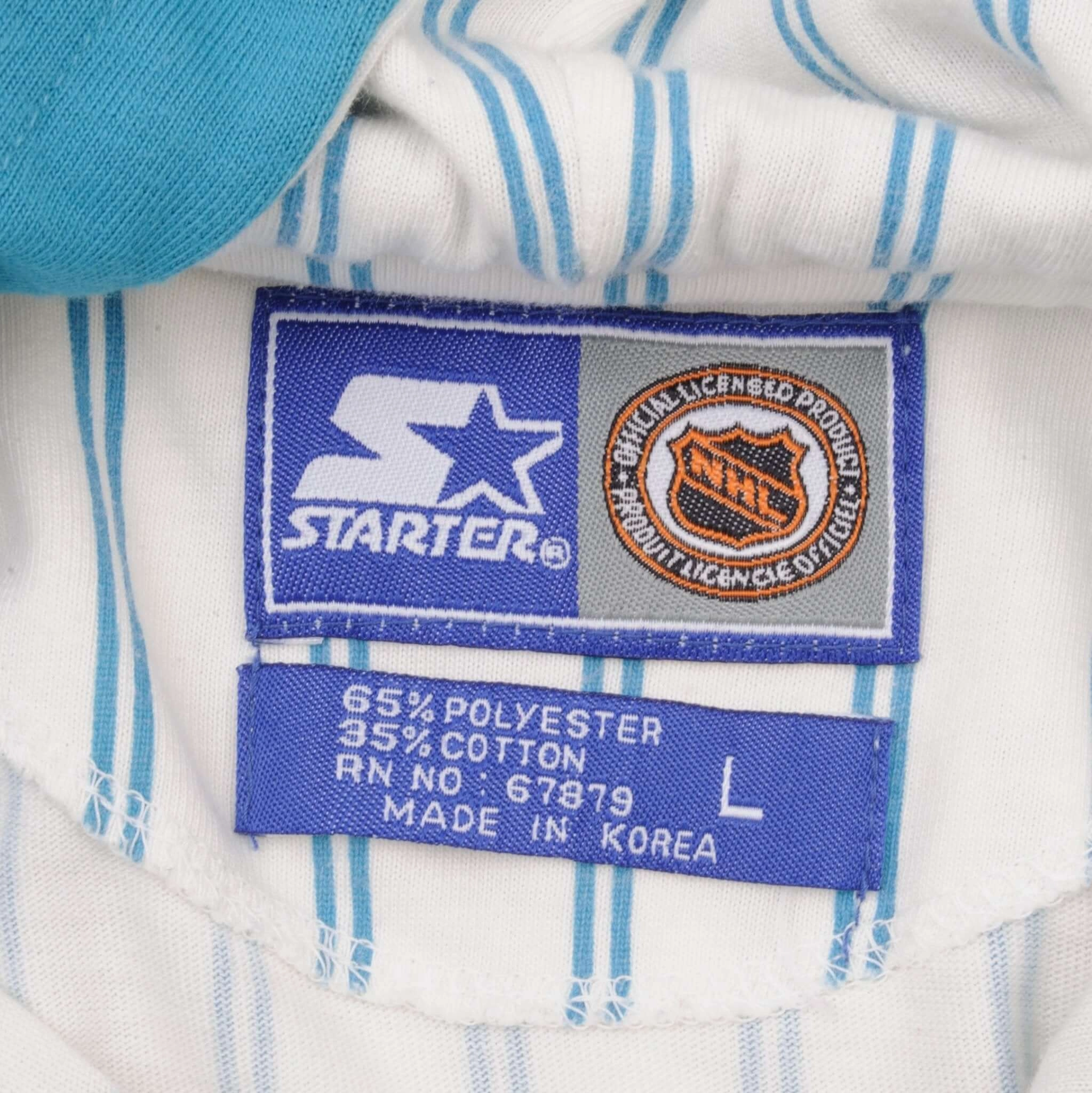 VINTAGE NHL SAN JOSE SHARKS STARTER TEE SHIRT WITH HOOD 1990S SIZE LARGE
