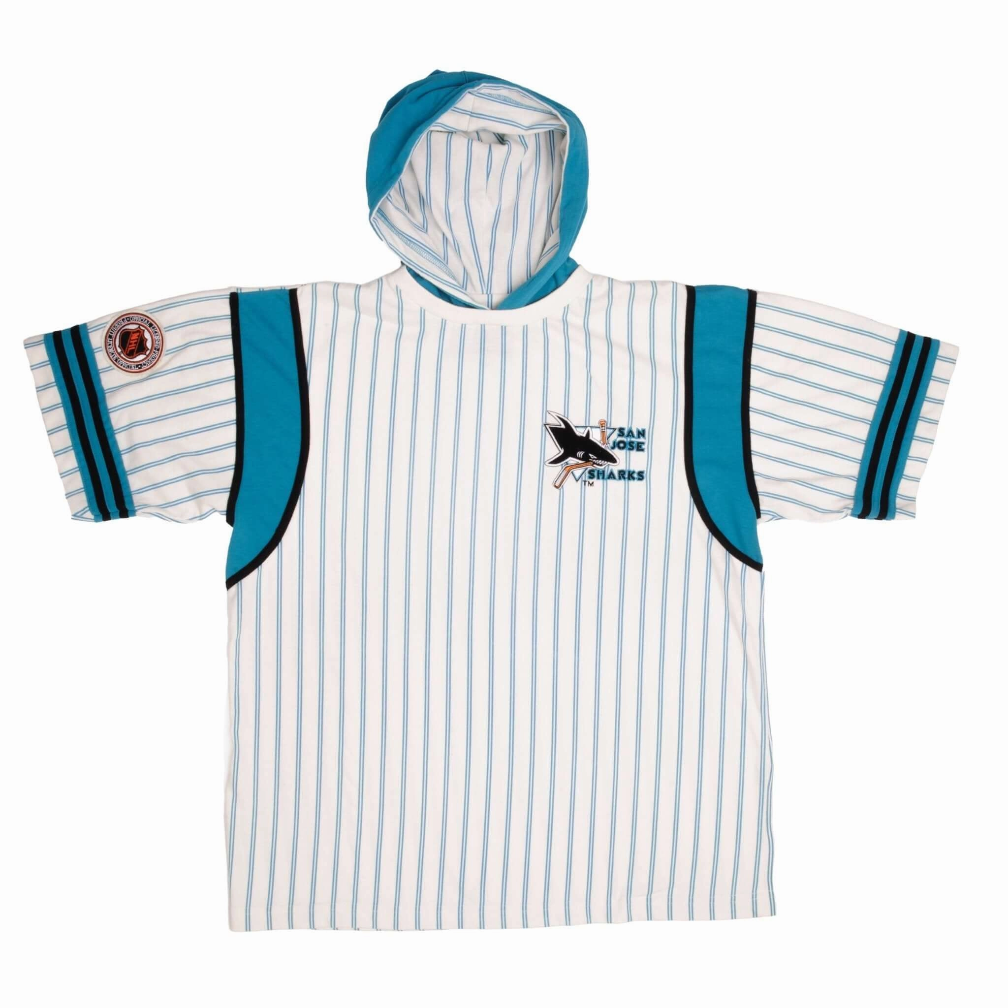 VINTAGE NHL SAN JOSE SHARKS STARTER TEE SHIRT WITH HOOD 1990S SIZE LARGE